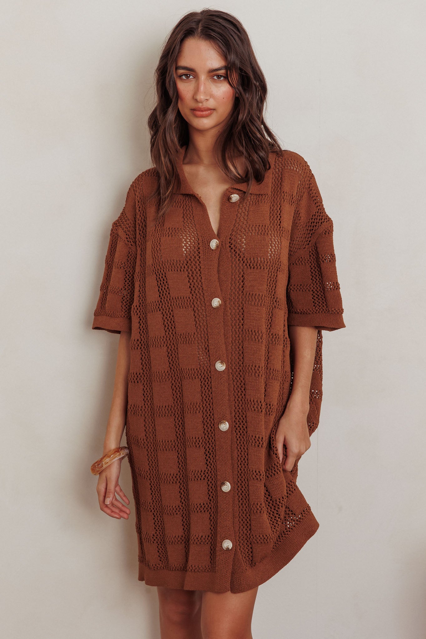 Best Friend Knit Shirt Dress Chocolate-Maymioy