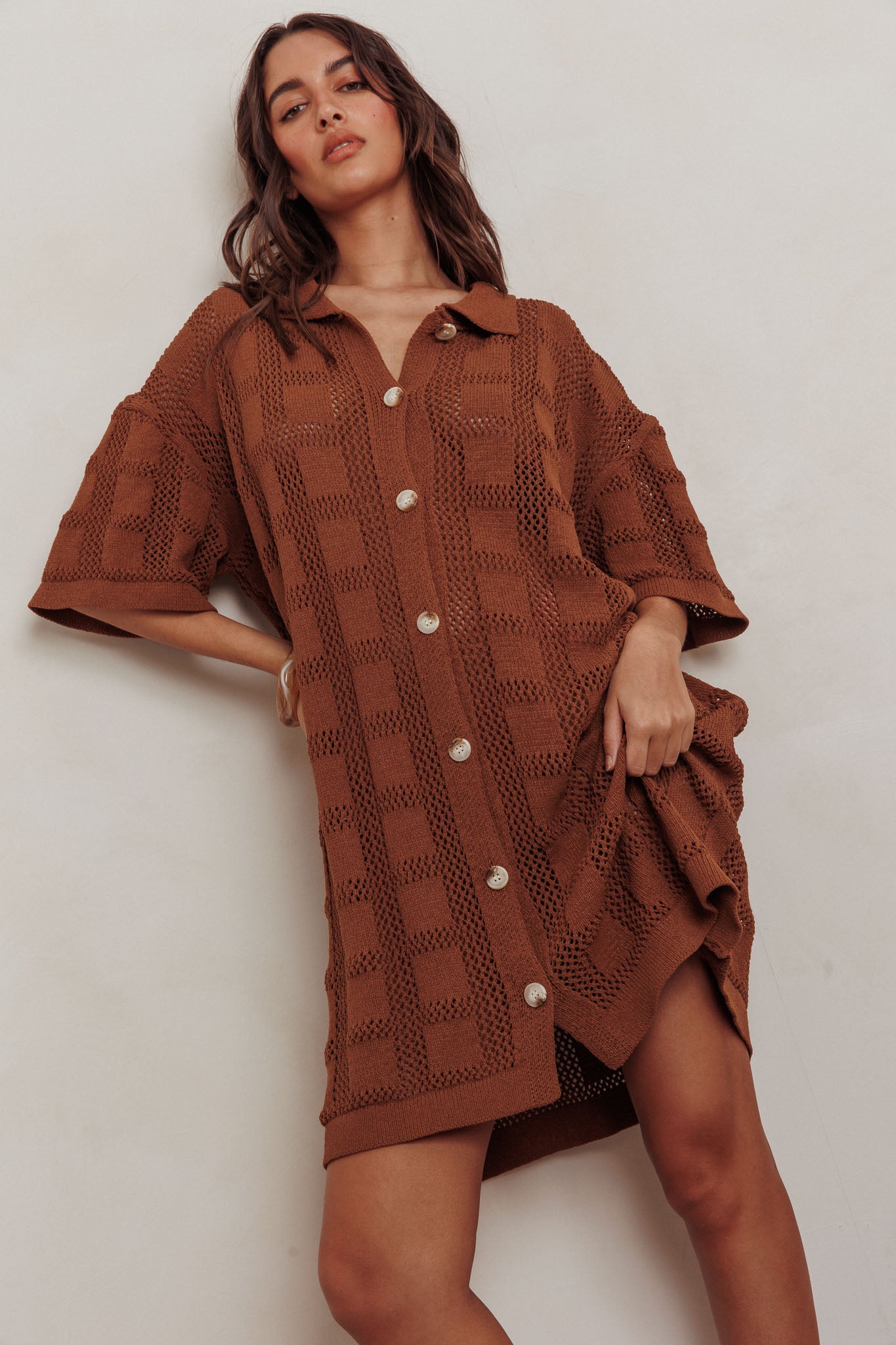 Best Friend Knit Shirt Dress Chocolate-Maymioy