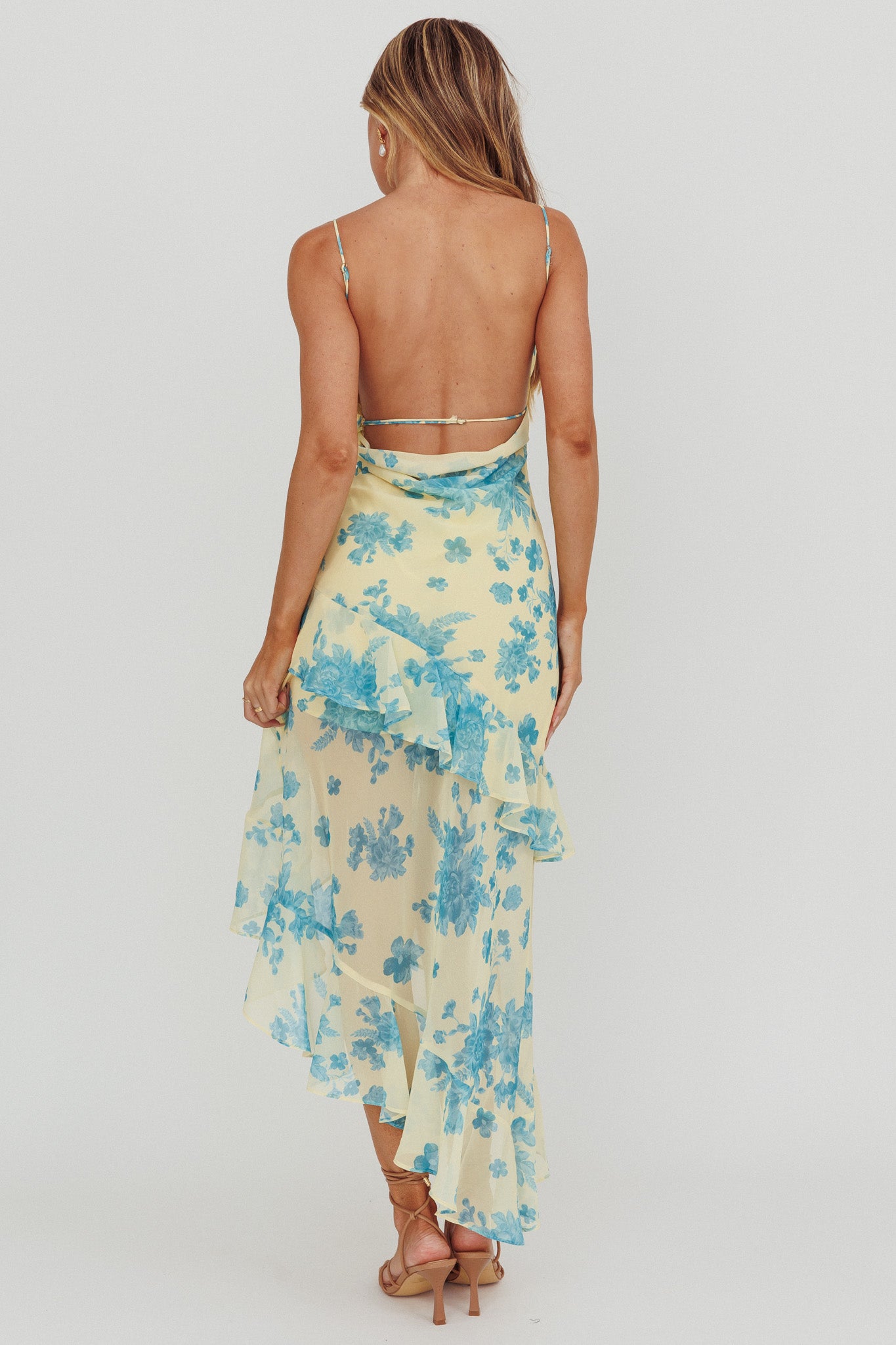 Chances Rosette Ruffle Midi Dress Floral Lemon-Maymioy