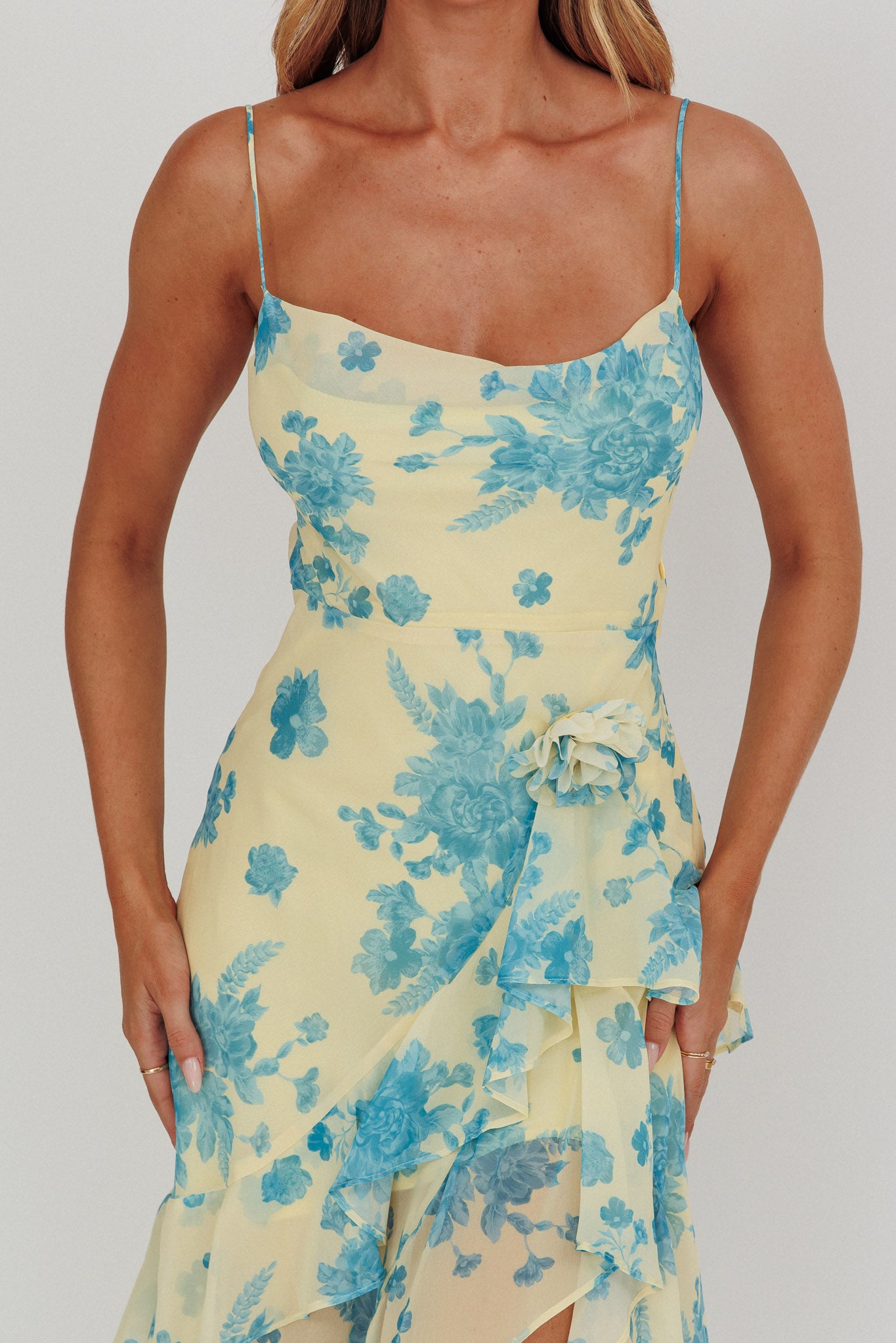 Chances Rosette Ruffle Midi Dress Floral Lemon-Maymioy