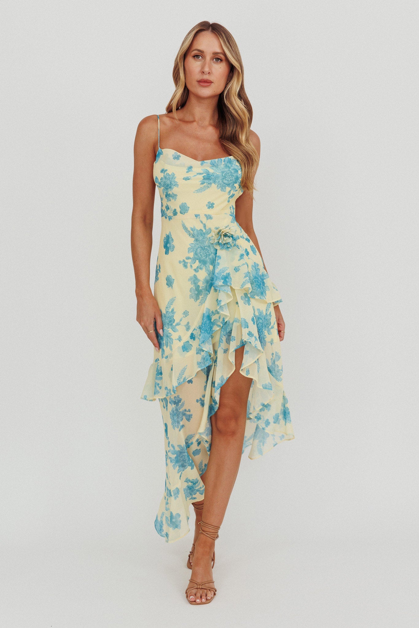 Chances Rosette Ruffle Midi Dress Floral Lemon-Maymioy