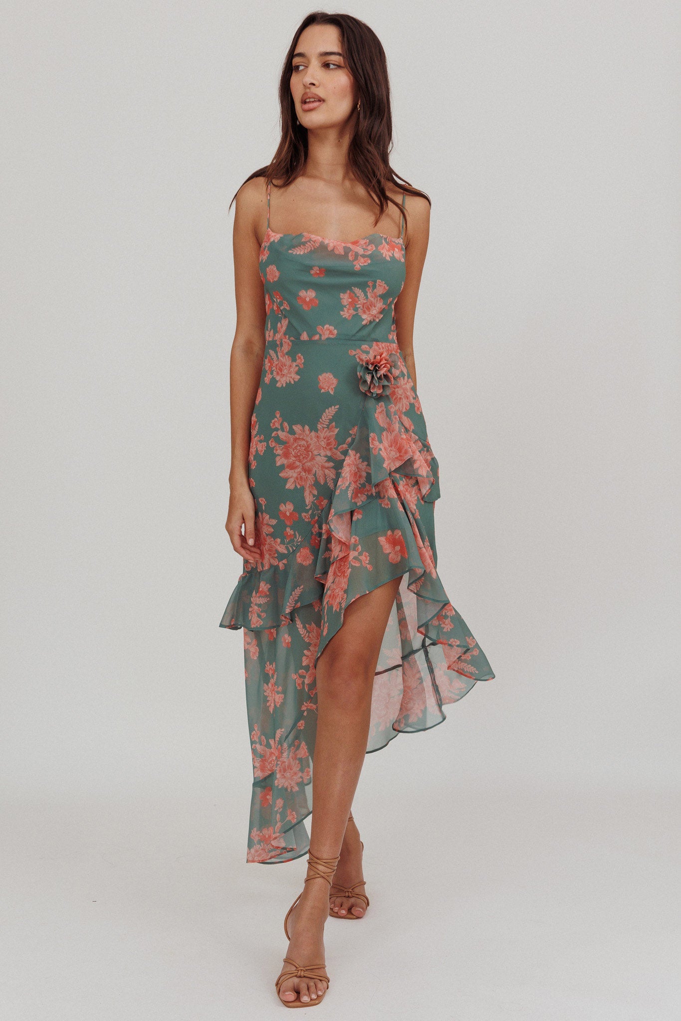 Chances Rosette Ruffle Midi Dress Floral Mint-Maymioy