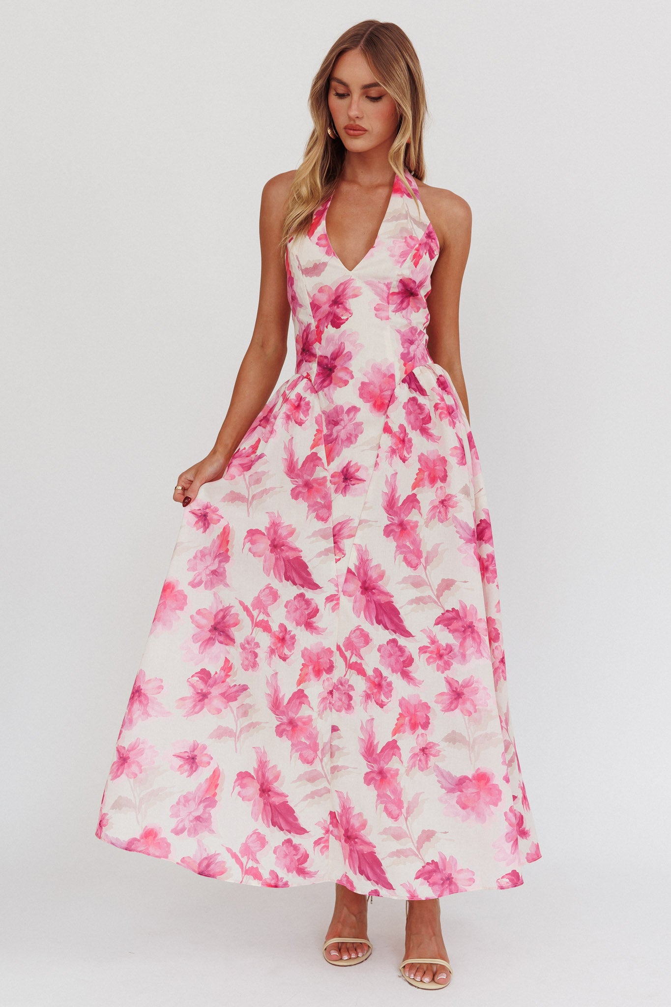 El Corazon Halterneck Dress Floral Pink-Maymioy