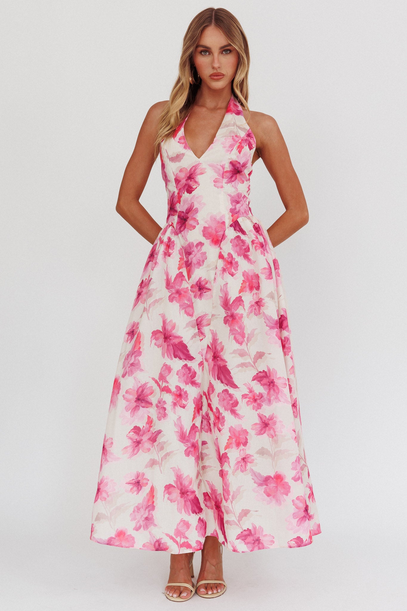 El Corazon Halterneck Dress Floral Pink-Maymioy