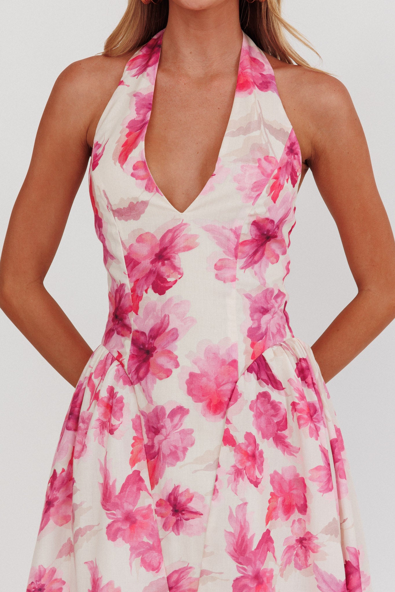 El Corazon Halterneck Dress Floral Pink-Maymioy