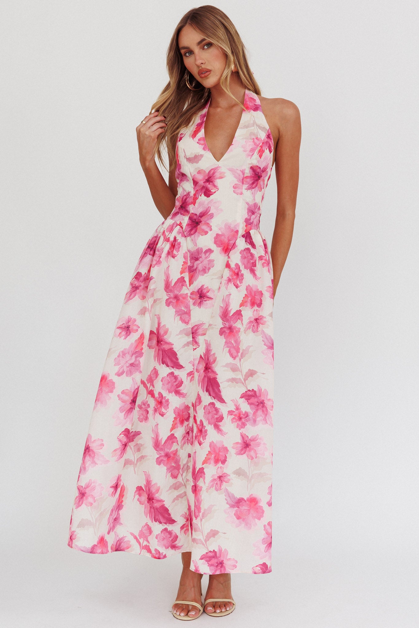 El Corazon Halterneck Dress Floral Pink-Maymioy