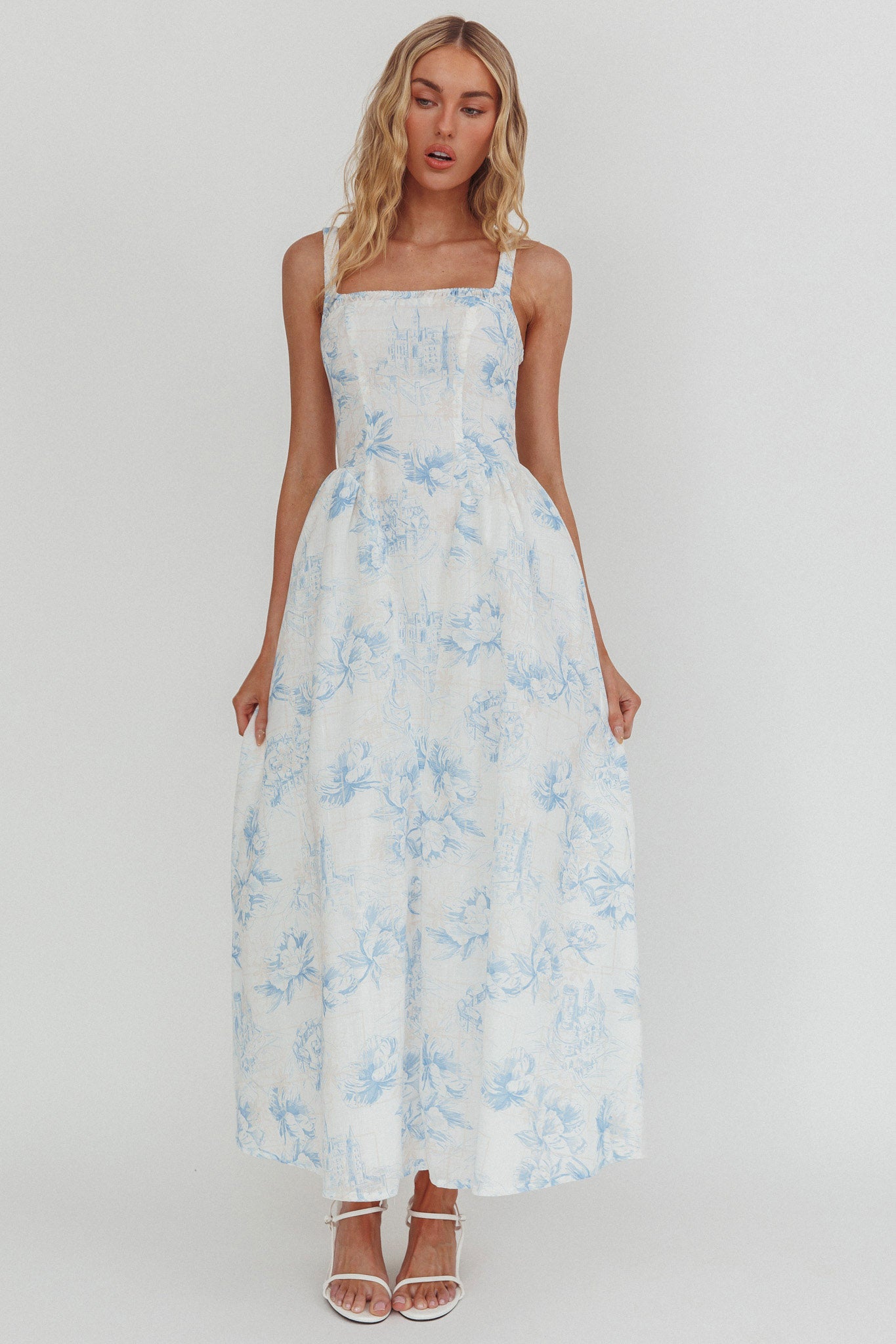 El Corazon Smocked Neckline Maxi Dress Print Blue-Maymioy