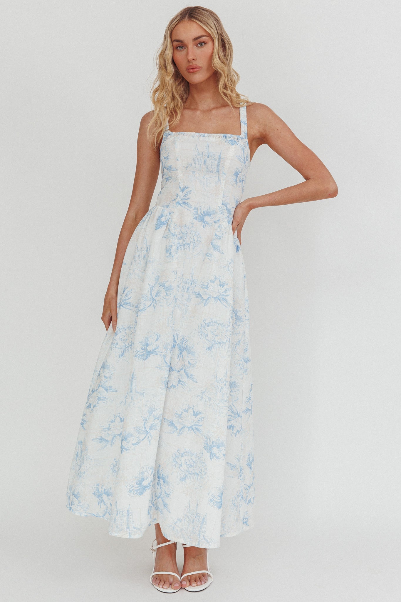 El Corazon Smocked Neckline Maxi Dress Print Blue-Maymioy