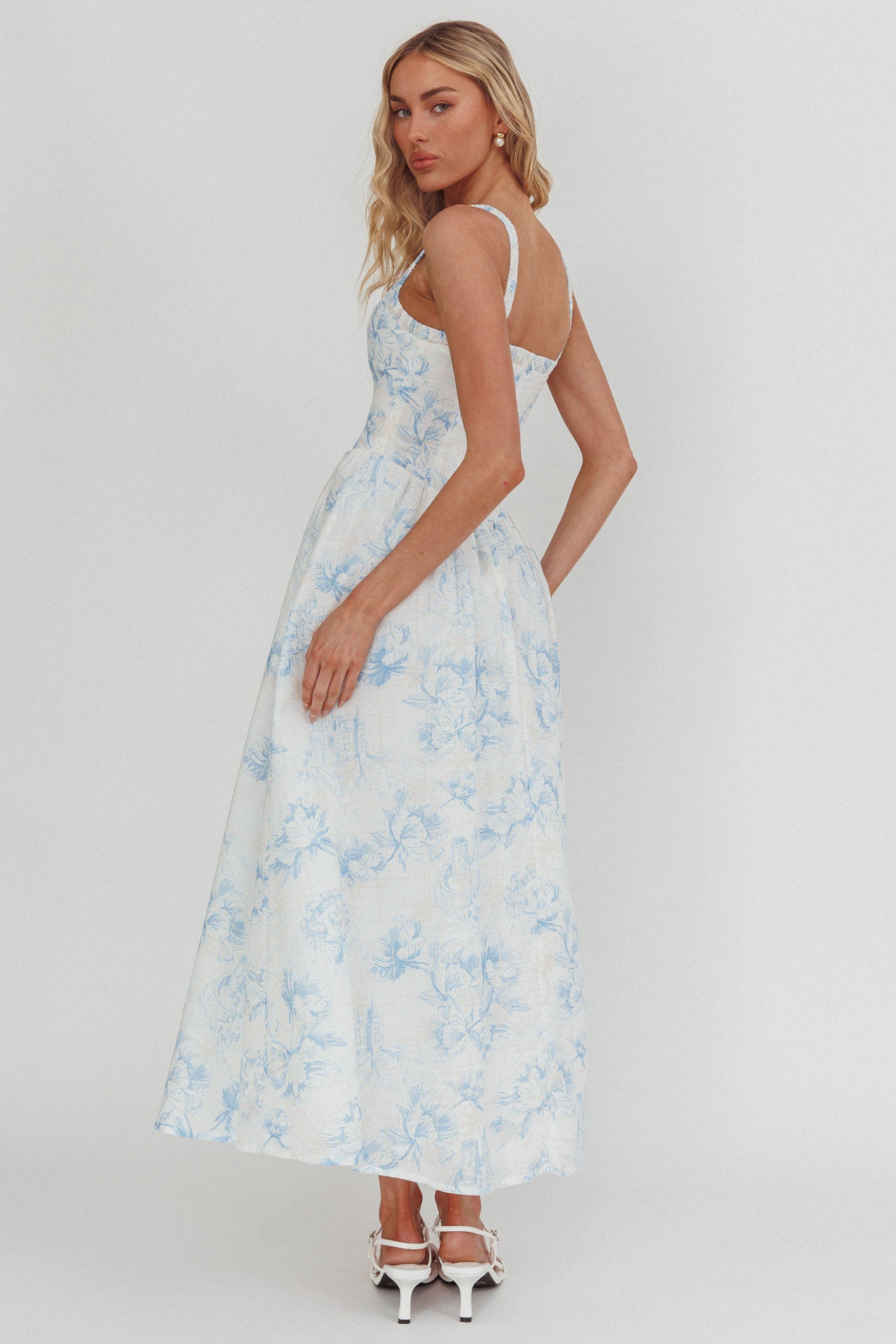 El Corazon Smocked Neckline Maxi Dress Print Blue-Maymioy