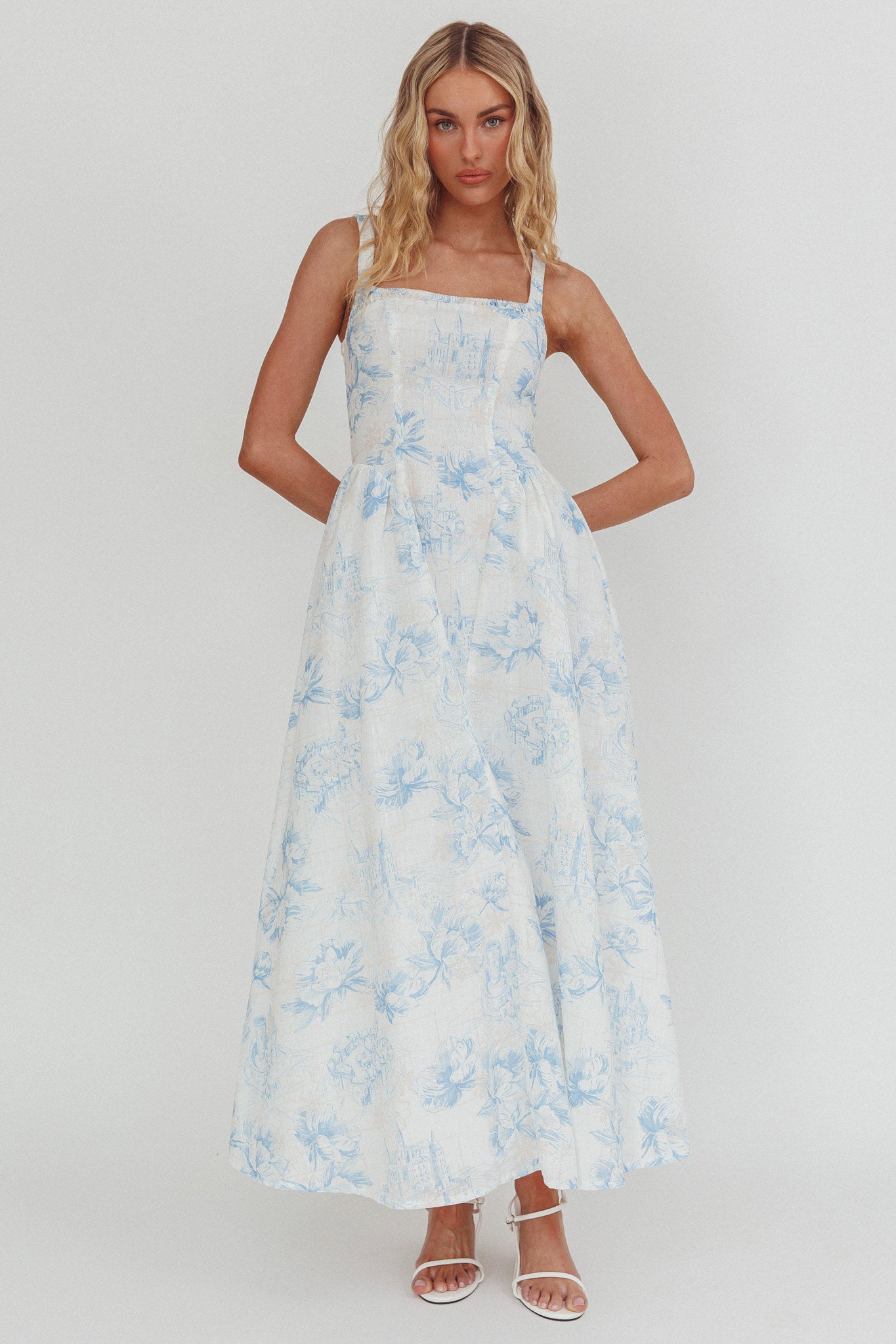 El Corazon Smocked Neckline Maxi Dress Print Blue-Maymioy