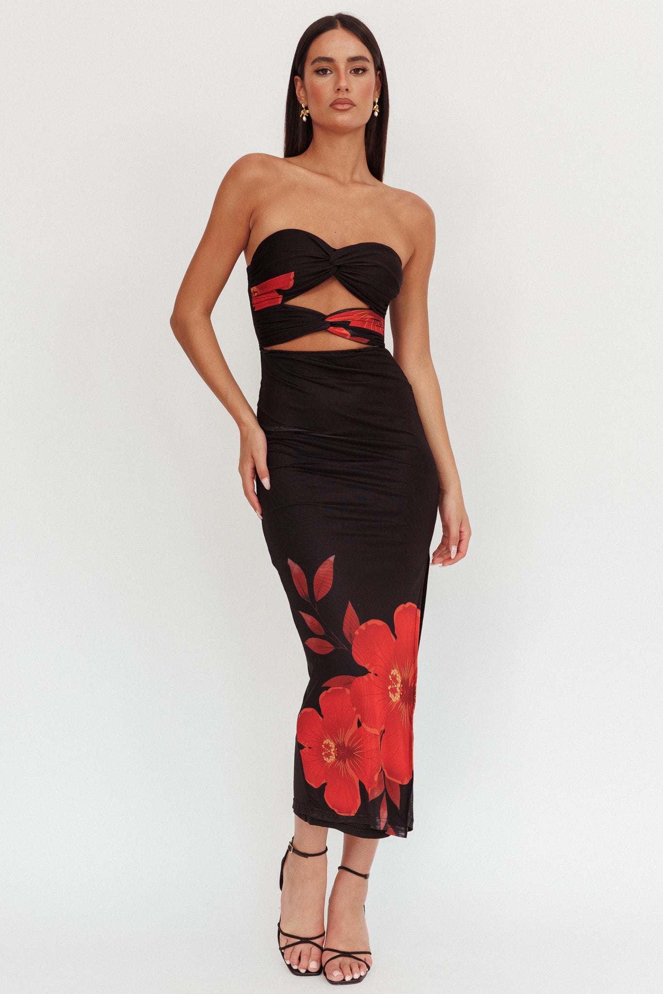 Silah Twist Bodice Maxi Dress Hibiscus Black-Maymioy
