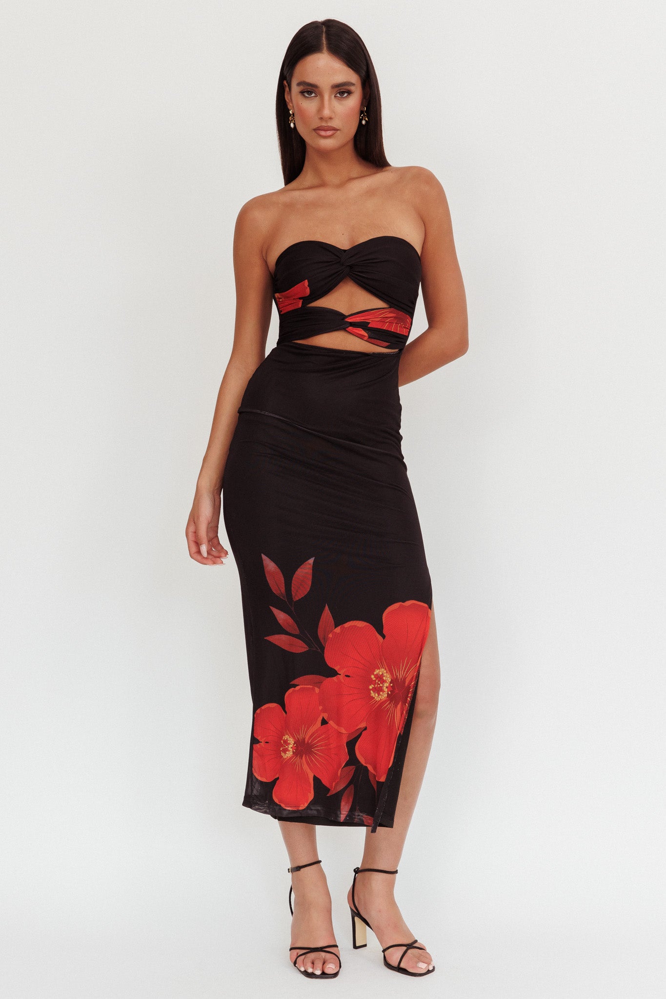Silah Twist Bodice Maxi Dress Hibiscus Black-Maymioy