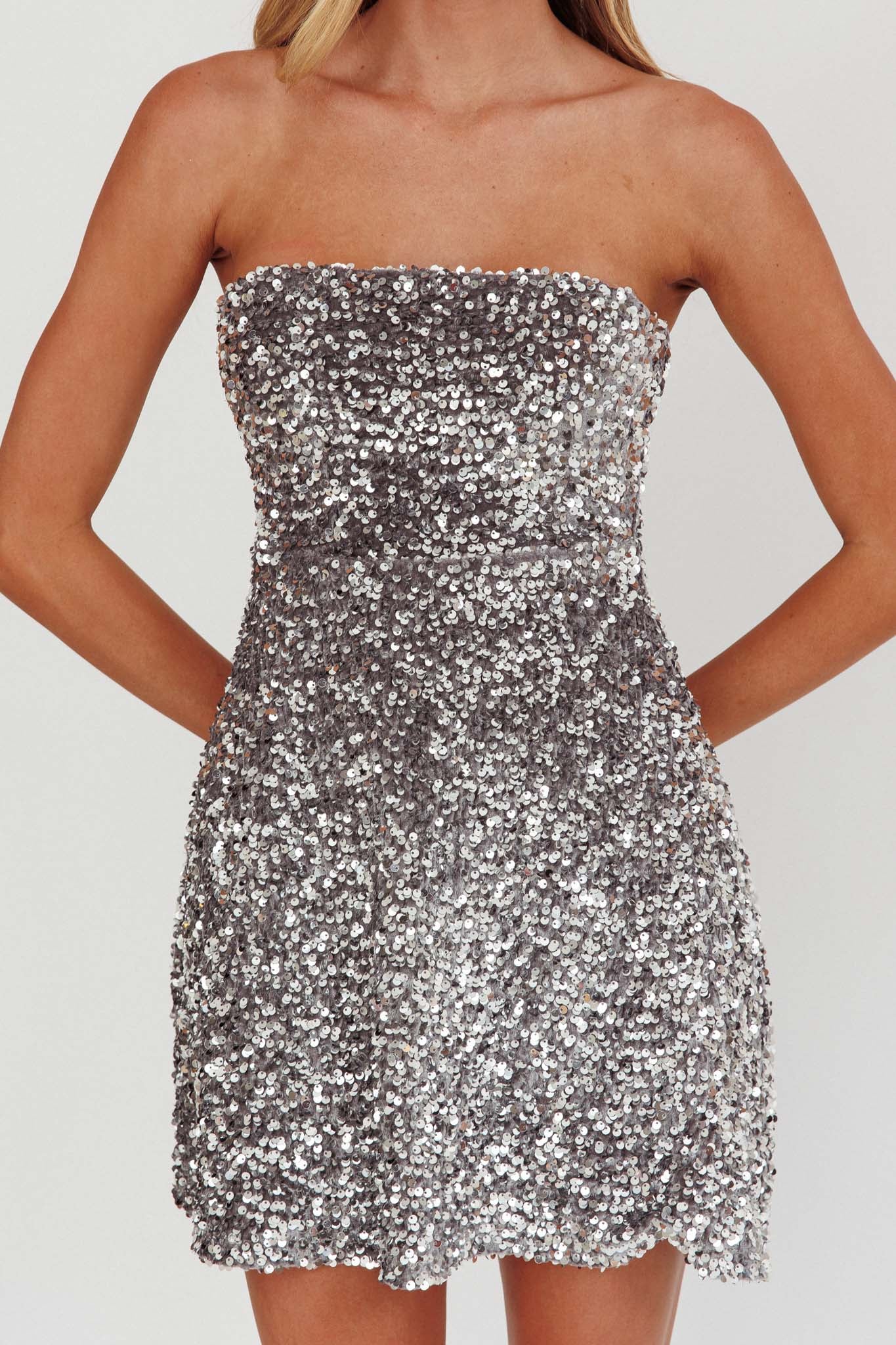Heart To Heart Strapless Sequin Mini Dress Silver-Maymioy