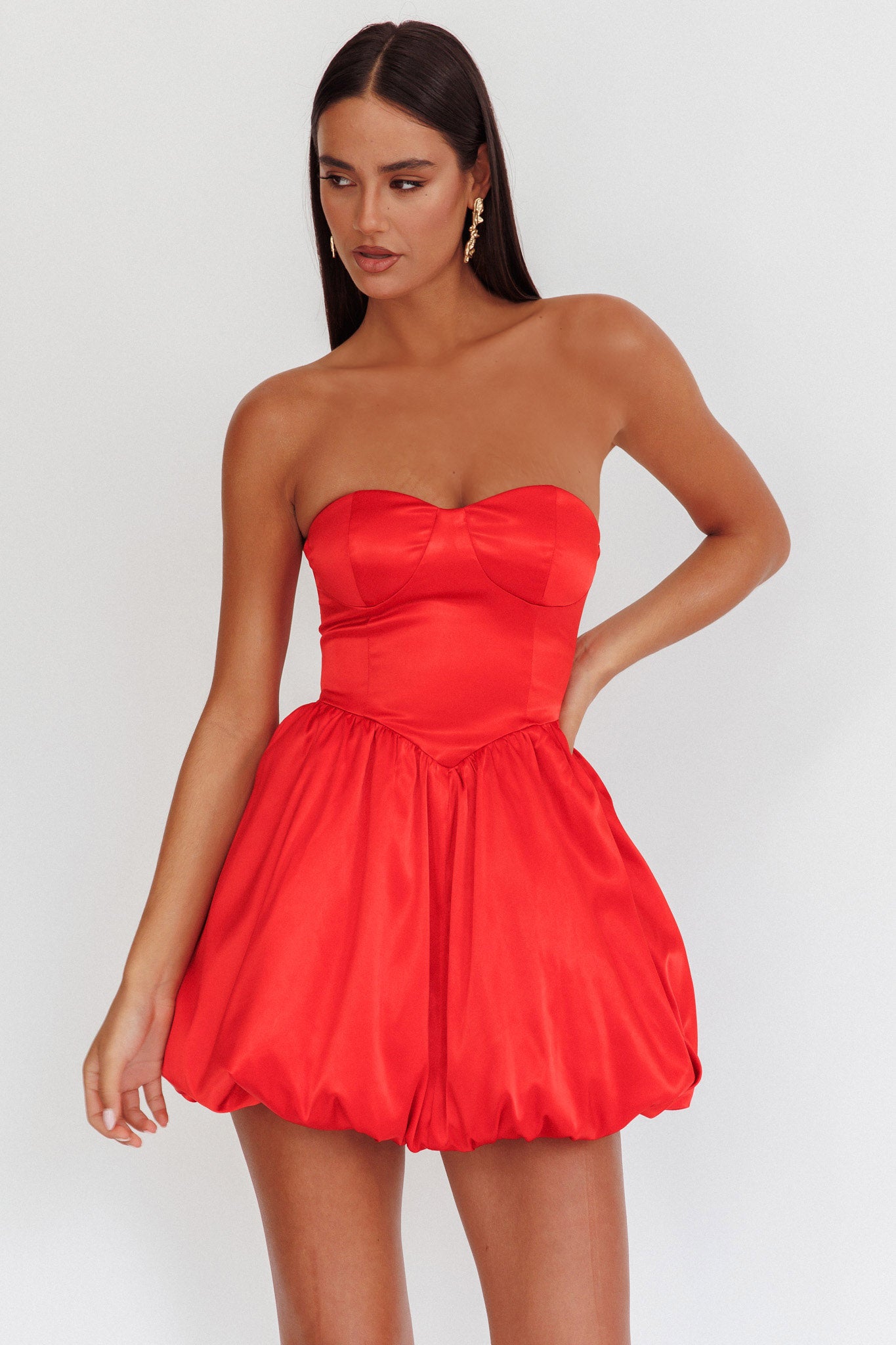 For Love Strapless Balloon Skirt Mini Dress Red-Maymioy