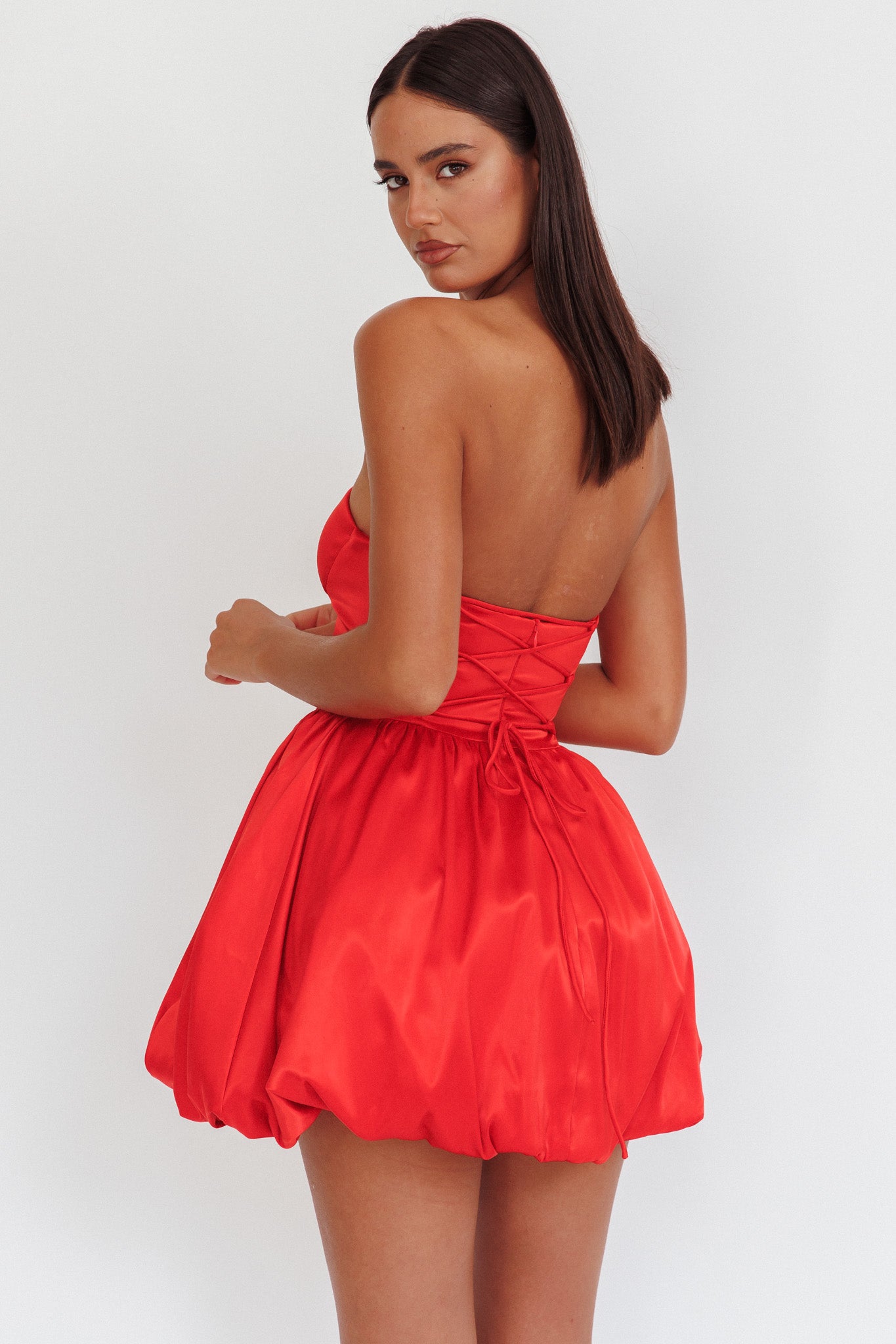 For Love Strapless Balloon Skirt Mini Dress Red-Maymioy