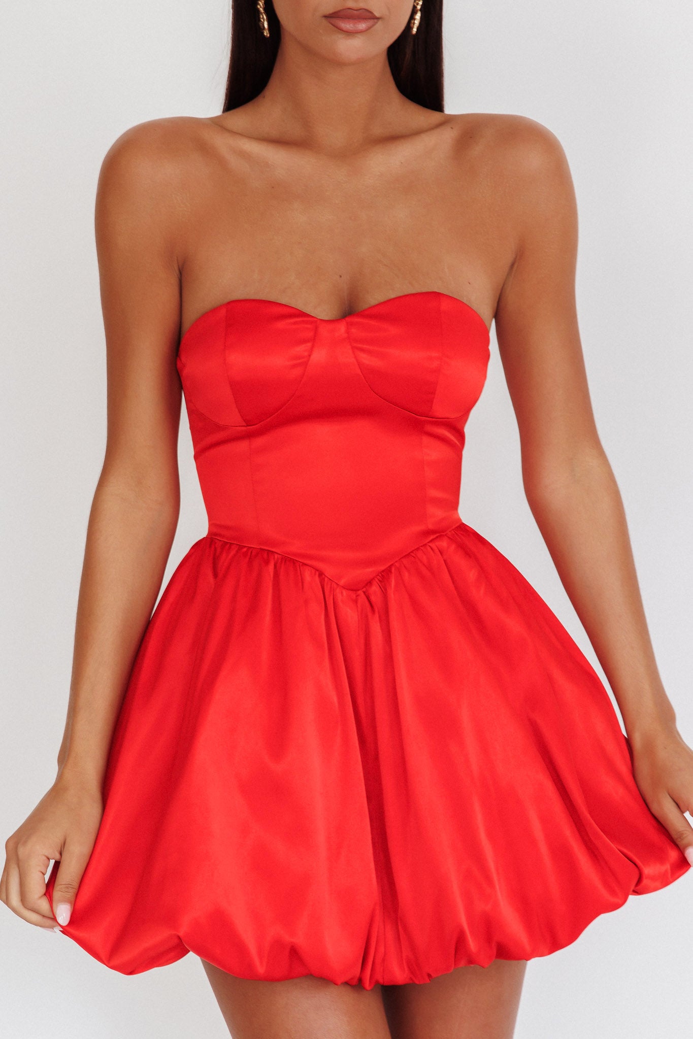 For Love Strapless Balloon Skirt Mini Dress Red-Maymioy