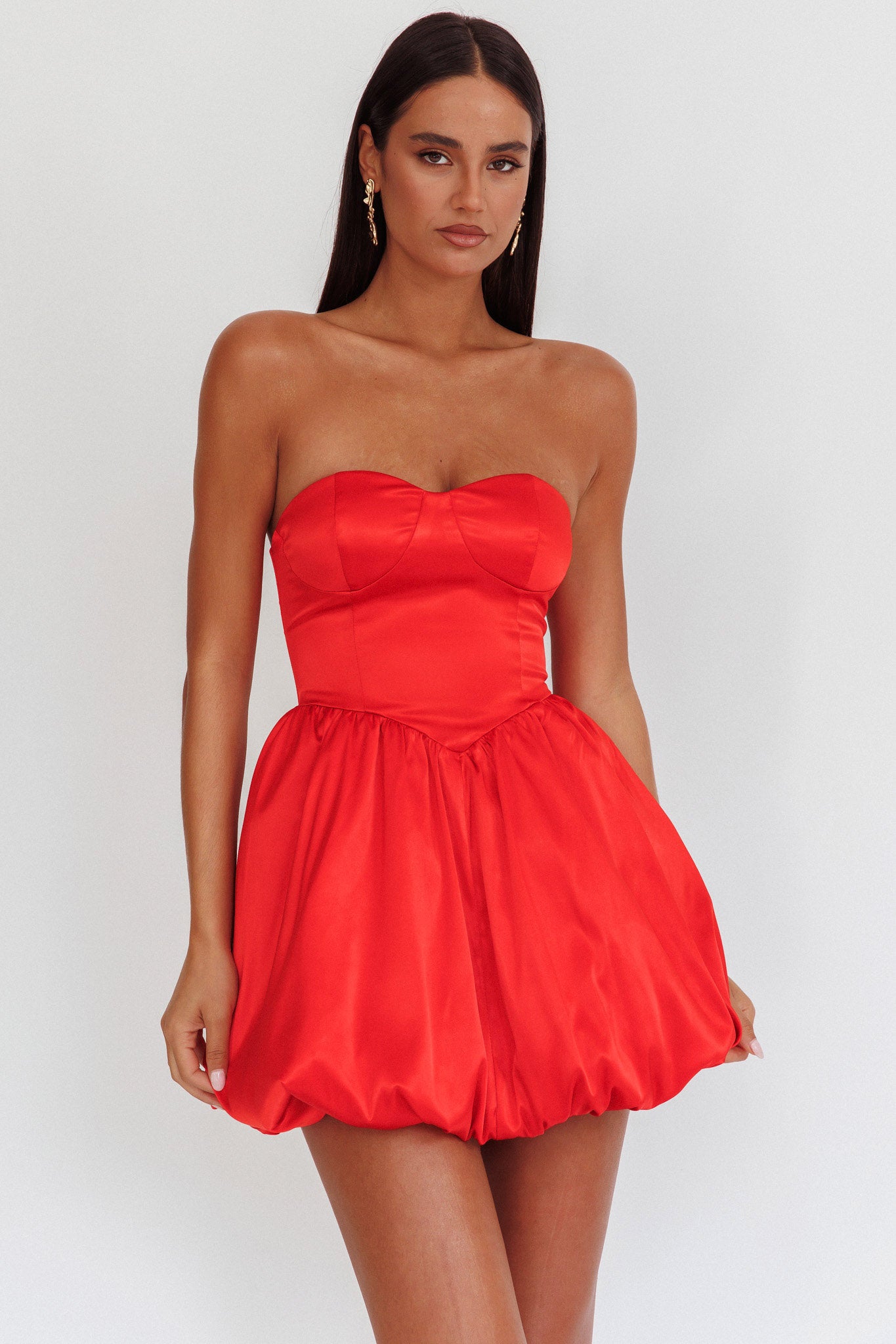 For Love Strapless Balloon Skirt Mini Dress Red-Maymioy