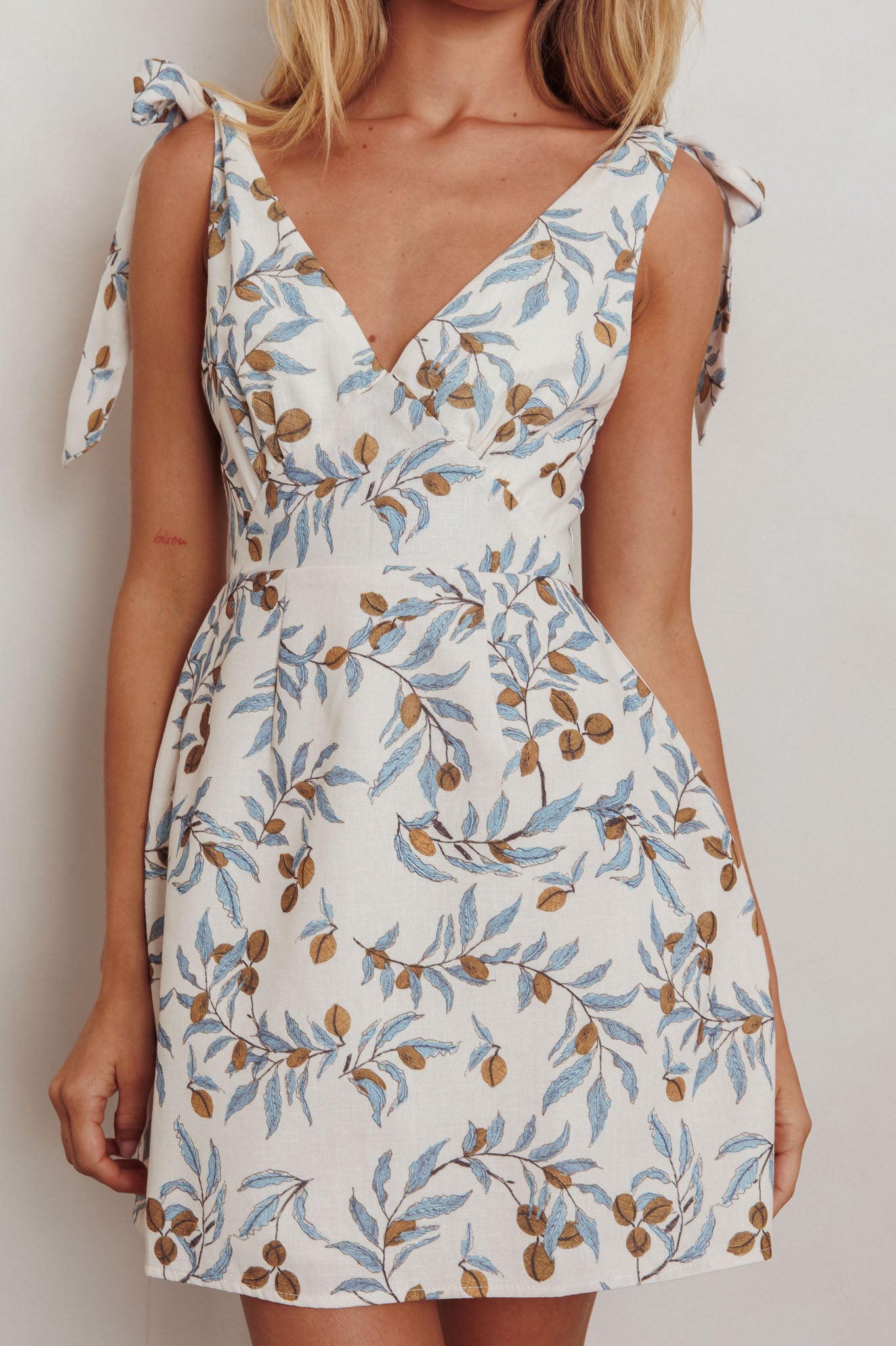 Glam Up Tied Shoulder Mini Dress Leaves Beige-Maymioy
