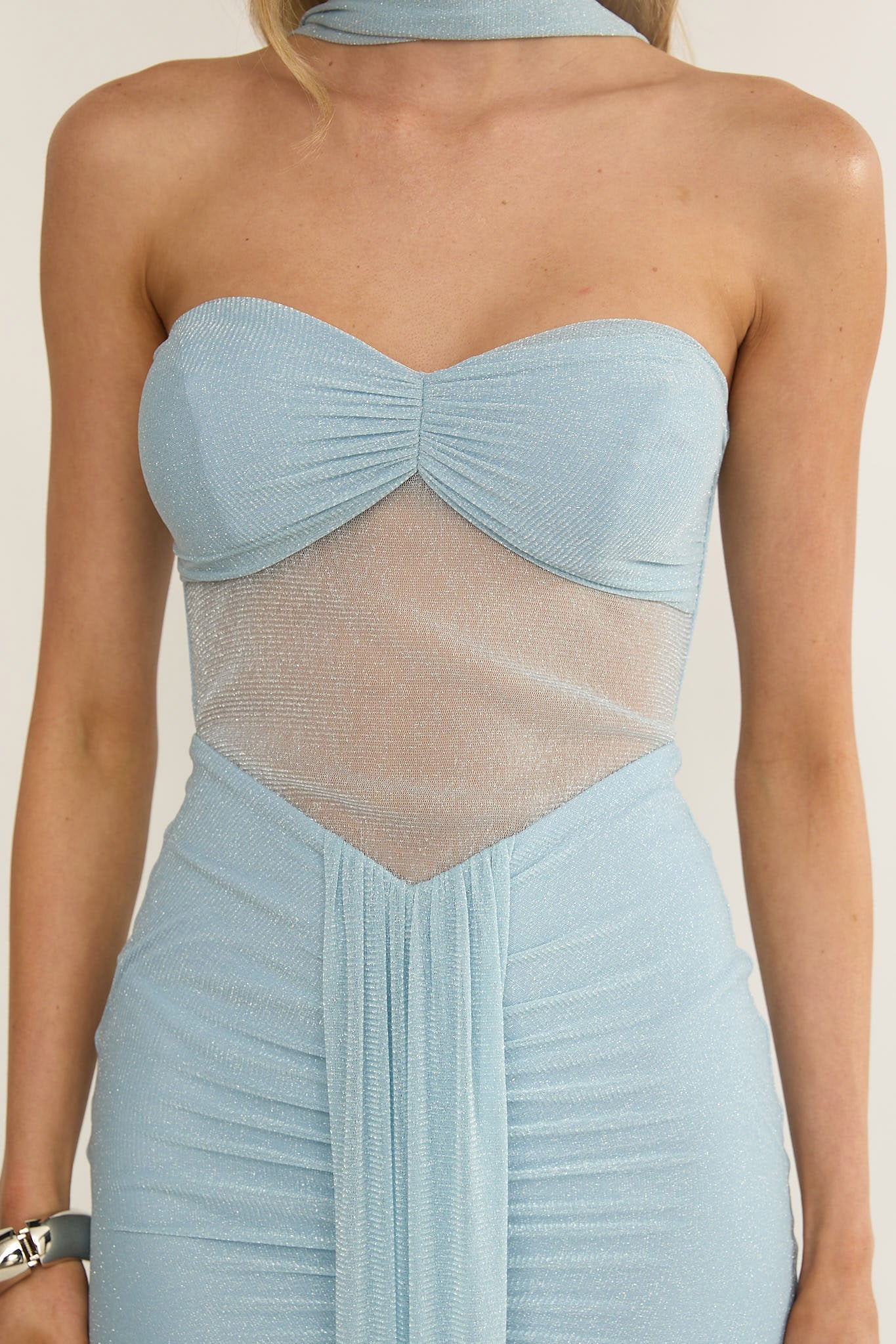 Elma Bandeau Sheer Shimmer Maxi Dress Ice Blue-Maymioy