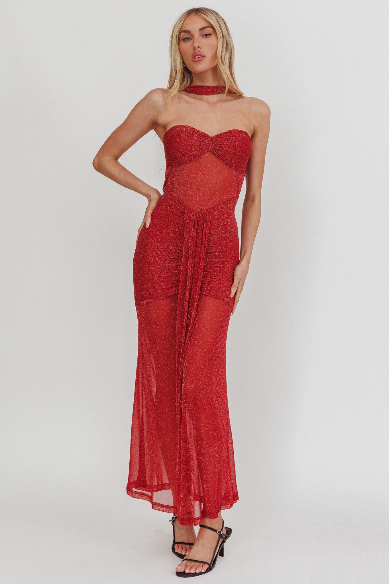 Elma Bandeau Sheer Shimmer Maxi Dress Red-Maymioy