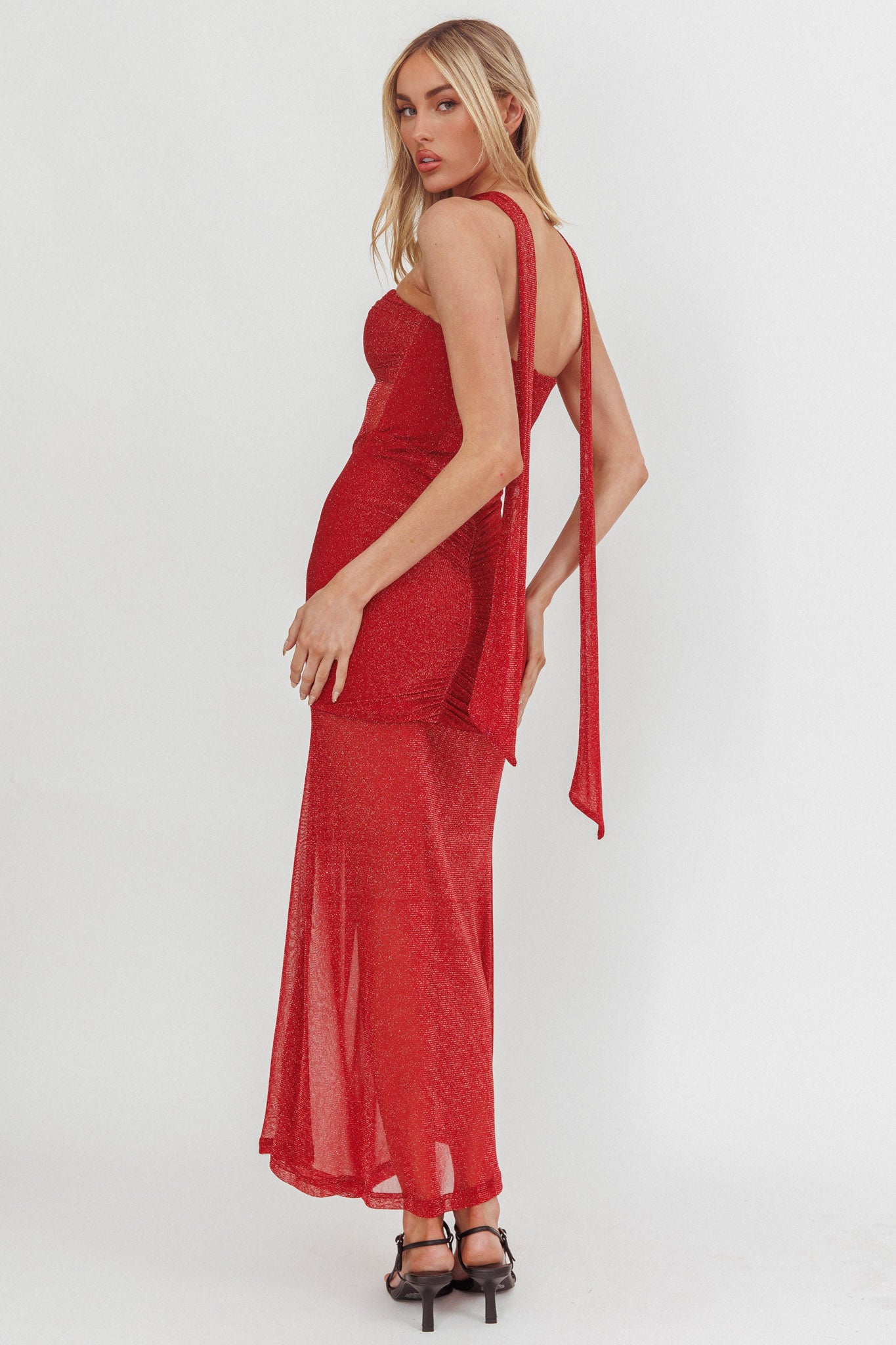 Elma Bandeau Sheer Shimmer Maxi Dress Red-Maymioy