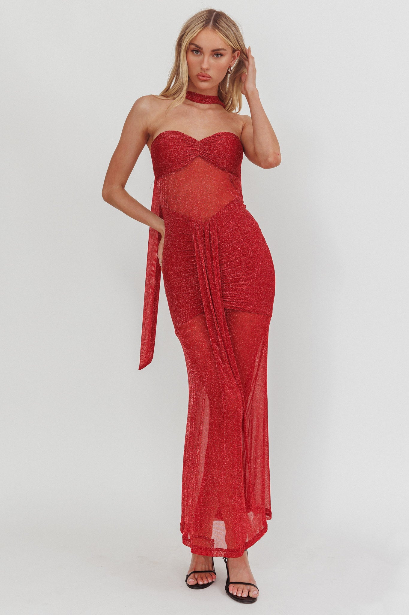 Elma Bandeau Sheer Shimmer Maxi Dress Red-Maymioy