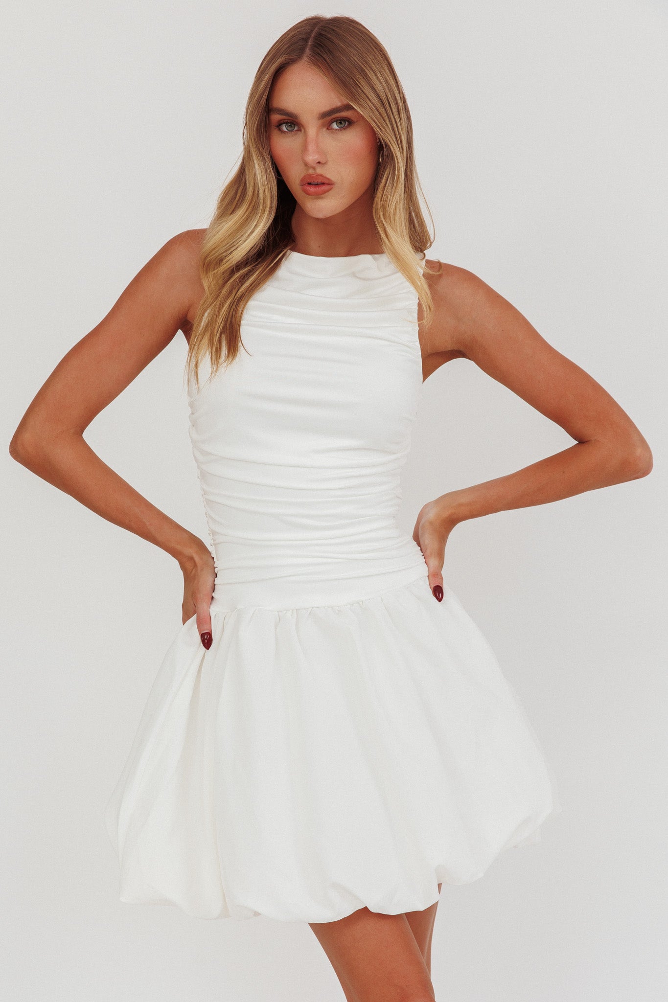 Dalayla Sleeveless Balloon Skirt Mini Dress White-Maymioy