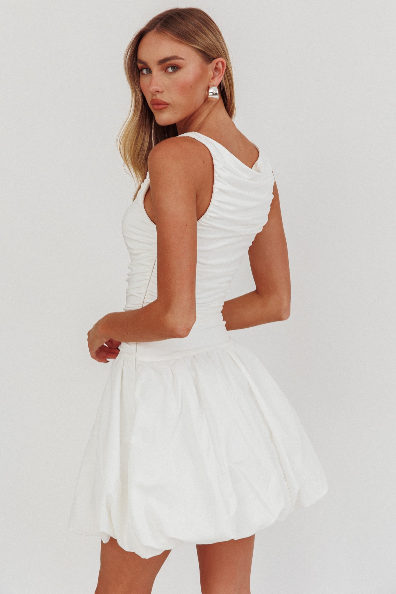 Dalayla Sleeveless Balloon Skirt Mini Dress White-Maymioy