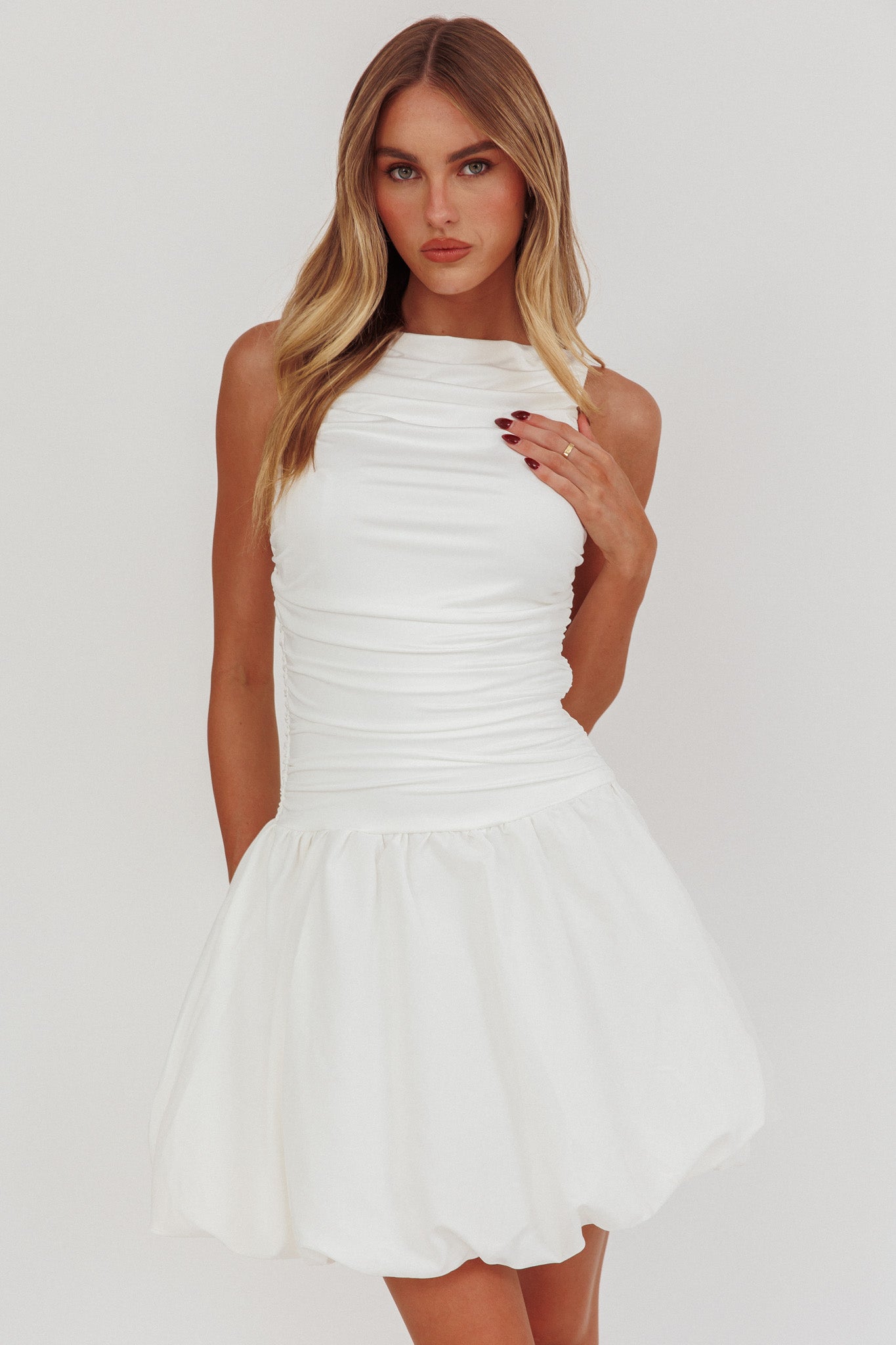 Dalayla Sleeveless Balloon Skirt Mini Dress White-Maymioy