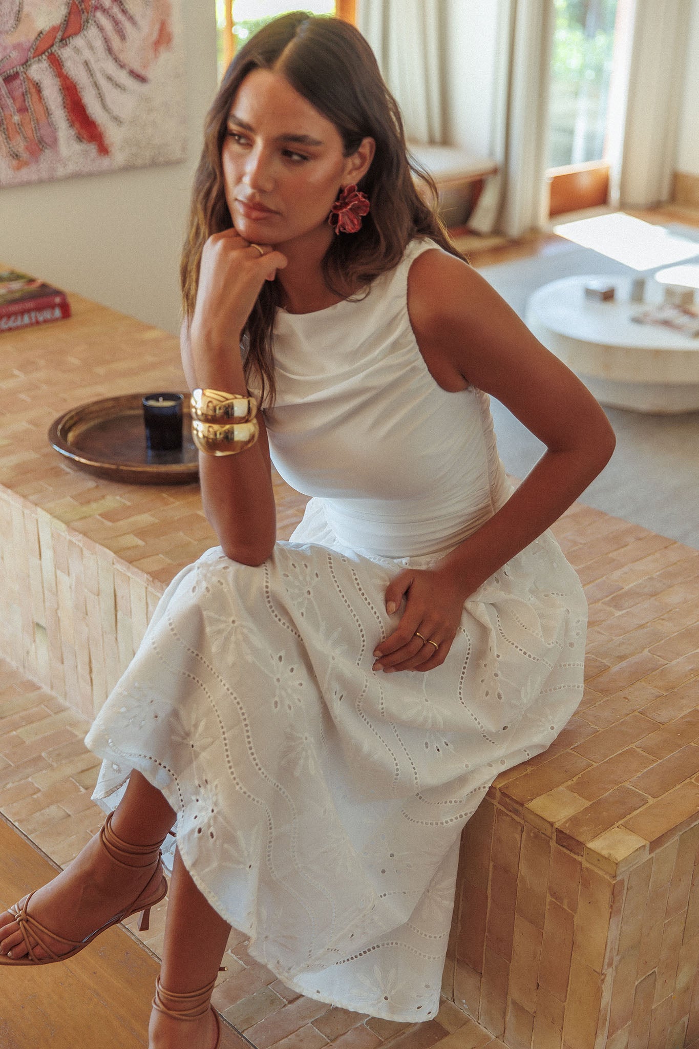 Dalayla Sleeveless Eyelet Maxi Dress White-Maymioy