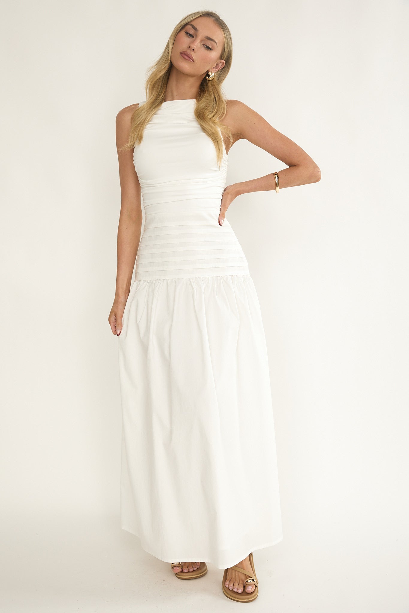 Dalayla Sleeveless Pintuck Maxi Dress White-Maymioy
