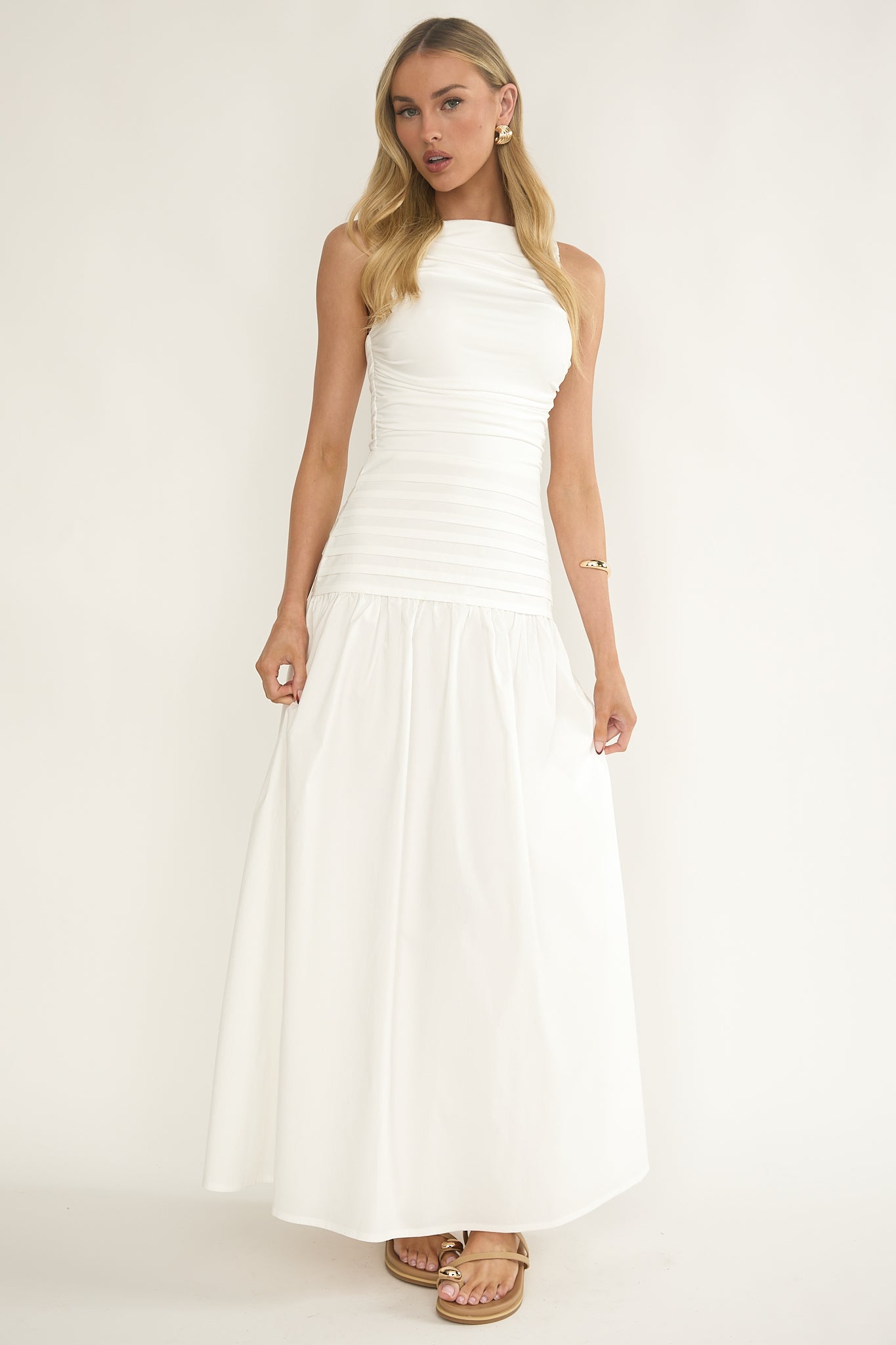 Dalayla Sleeveless Pintuck Maxi Dress White-Maymioy