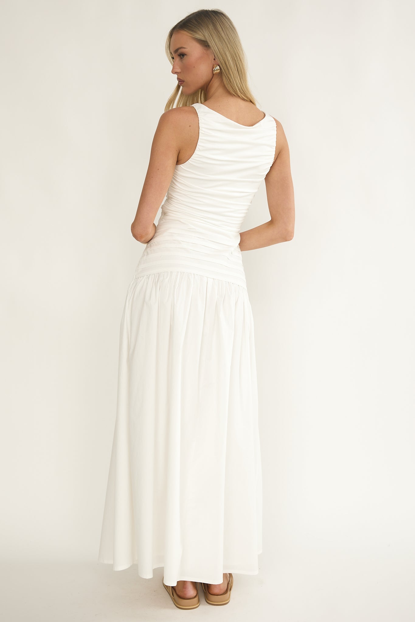 Dalayla Sleeveless Pintuck Maxi Dress White-Maymioy
