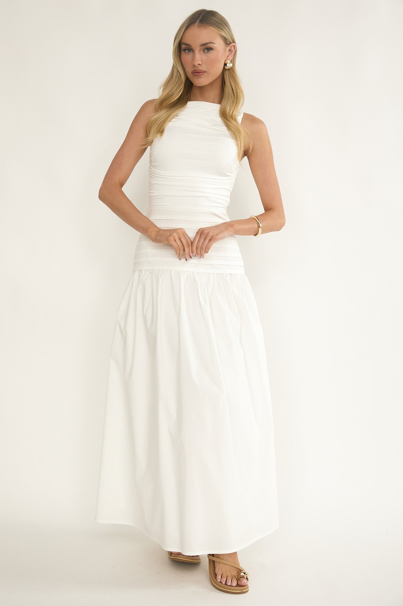 Dalayla Sleeveless Pintuck Maxi Dress White-Maymioy