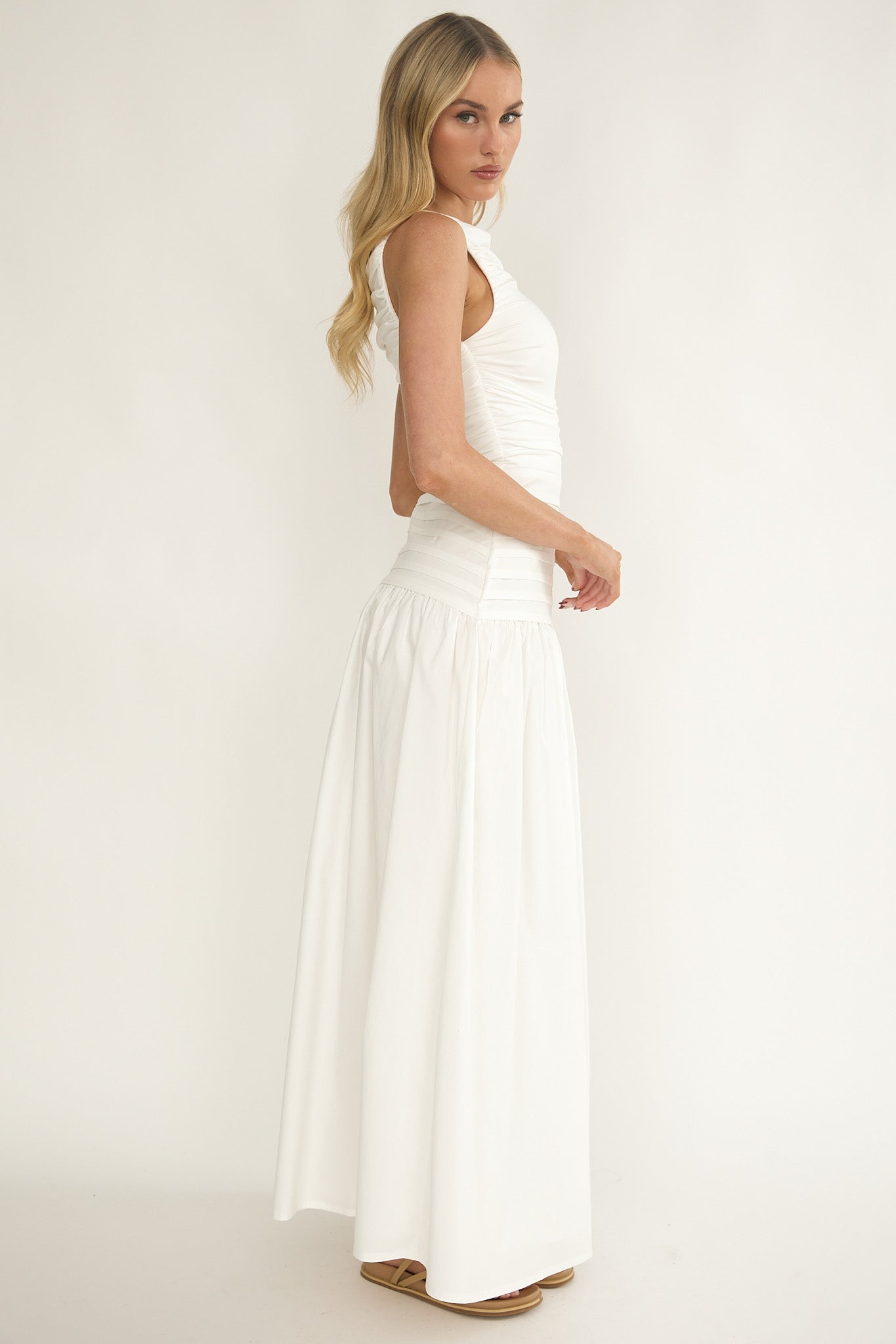 Dalayla Sleeveless Pintuck Maxi Dress White-Maymioy
