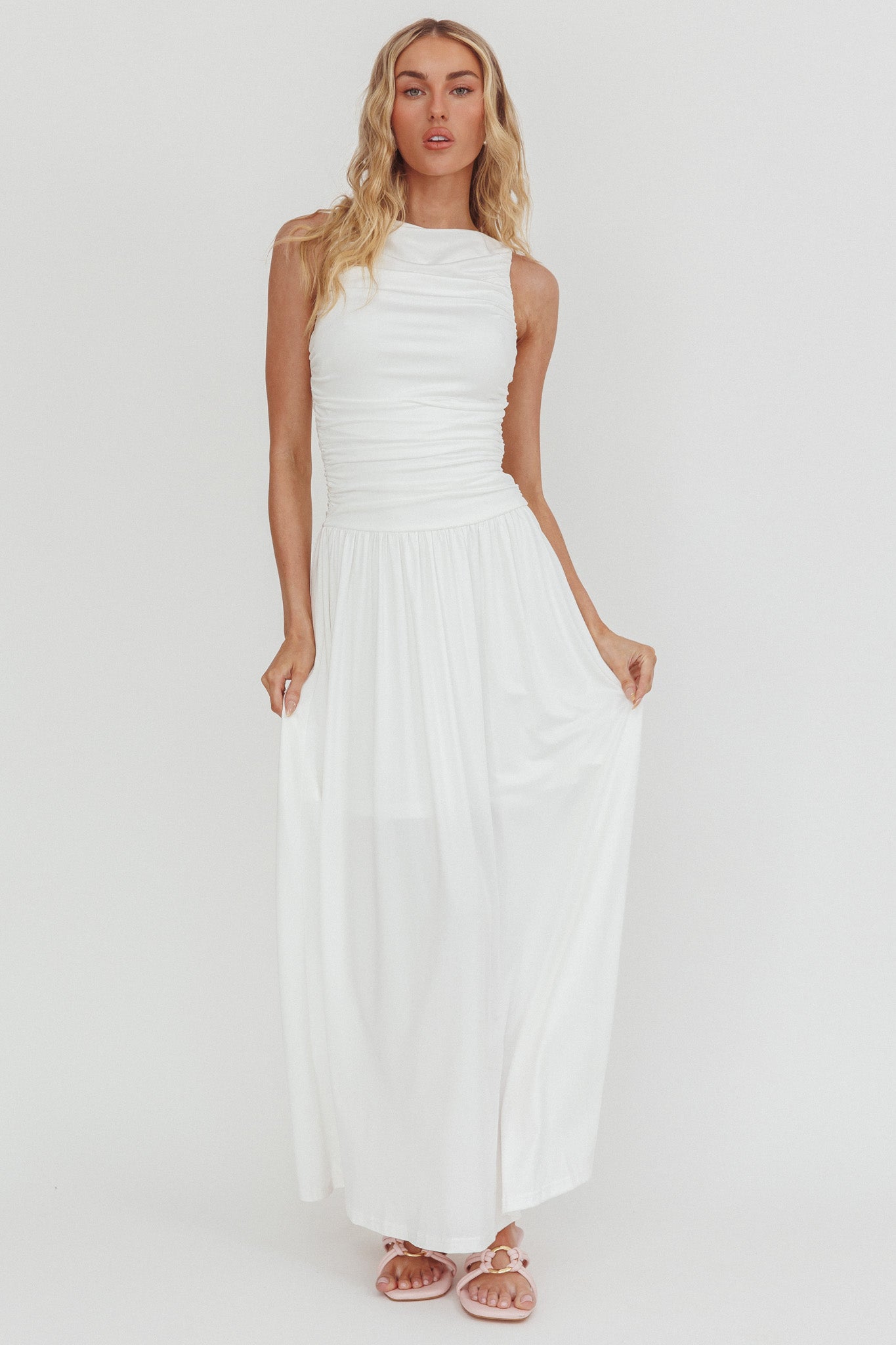 Dalayla Sleeveless Ruched Maxi Dress White-Maymioy