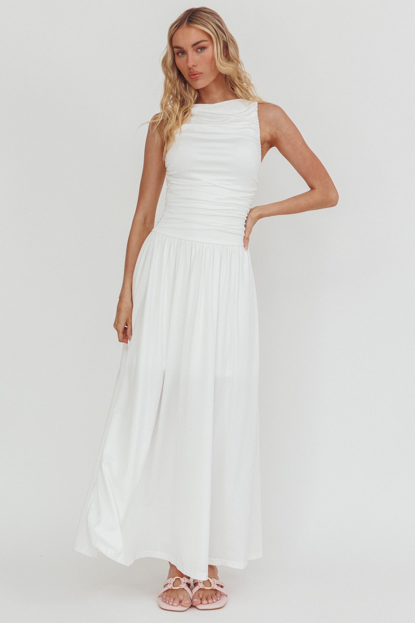 Dalayla Sleeveless Ruched Maxi Dress White-Maymioy