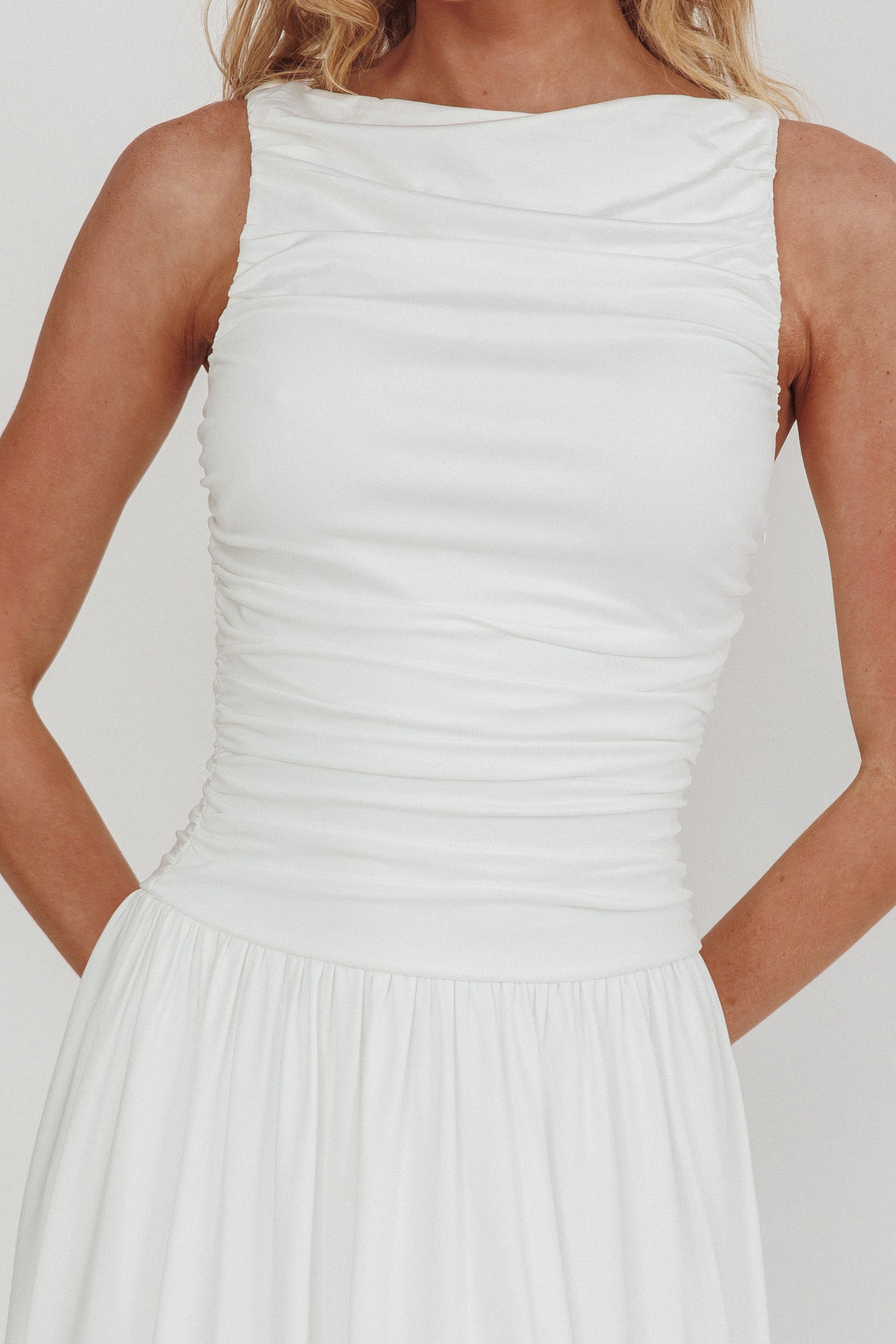 Dalayla Sleeveless Ruched Maxi Dress White-Maymioy