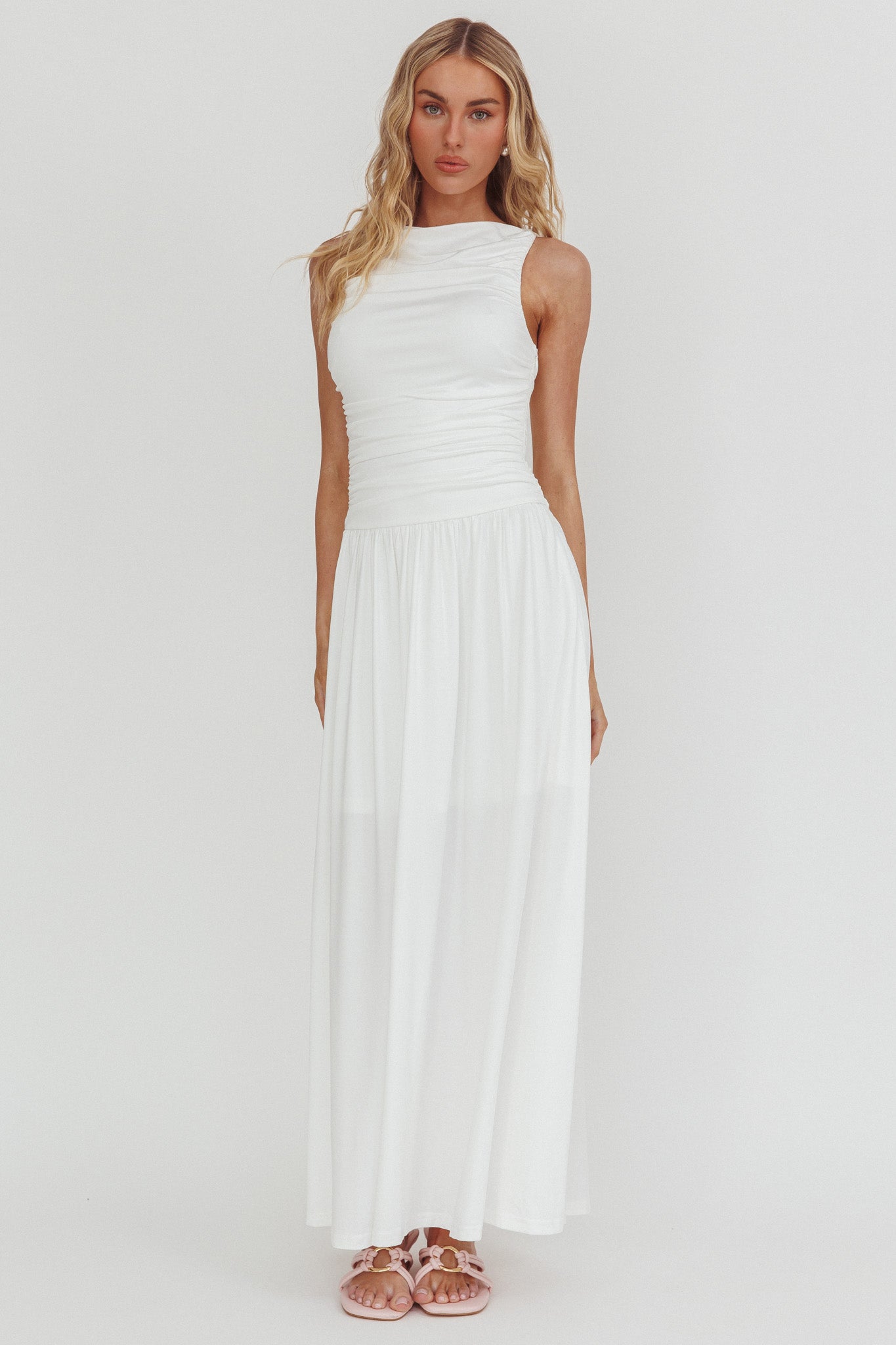 Dalayla Sleeveless Ruched Maxi Dress White-Maymioy