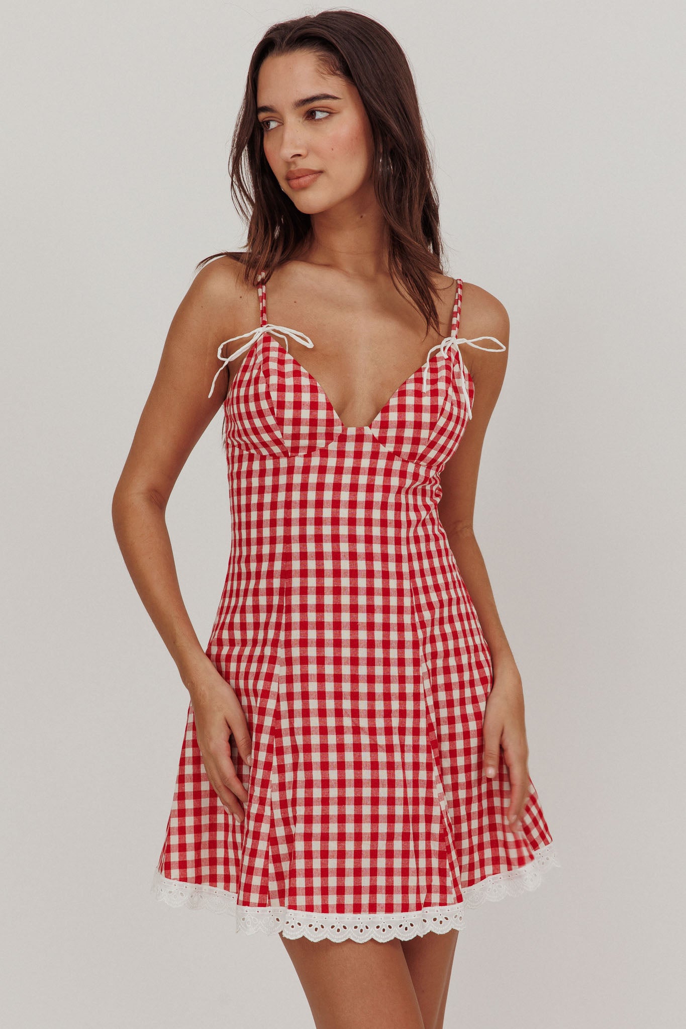 Noelle Lace Trim Mini Dress Gingham Red-Maymioy
