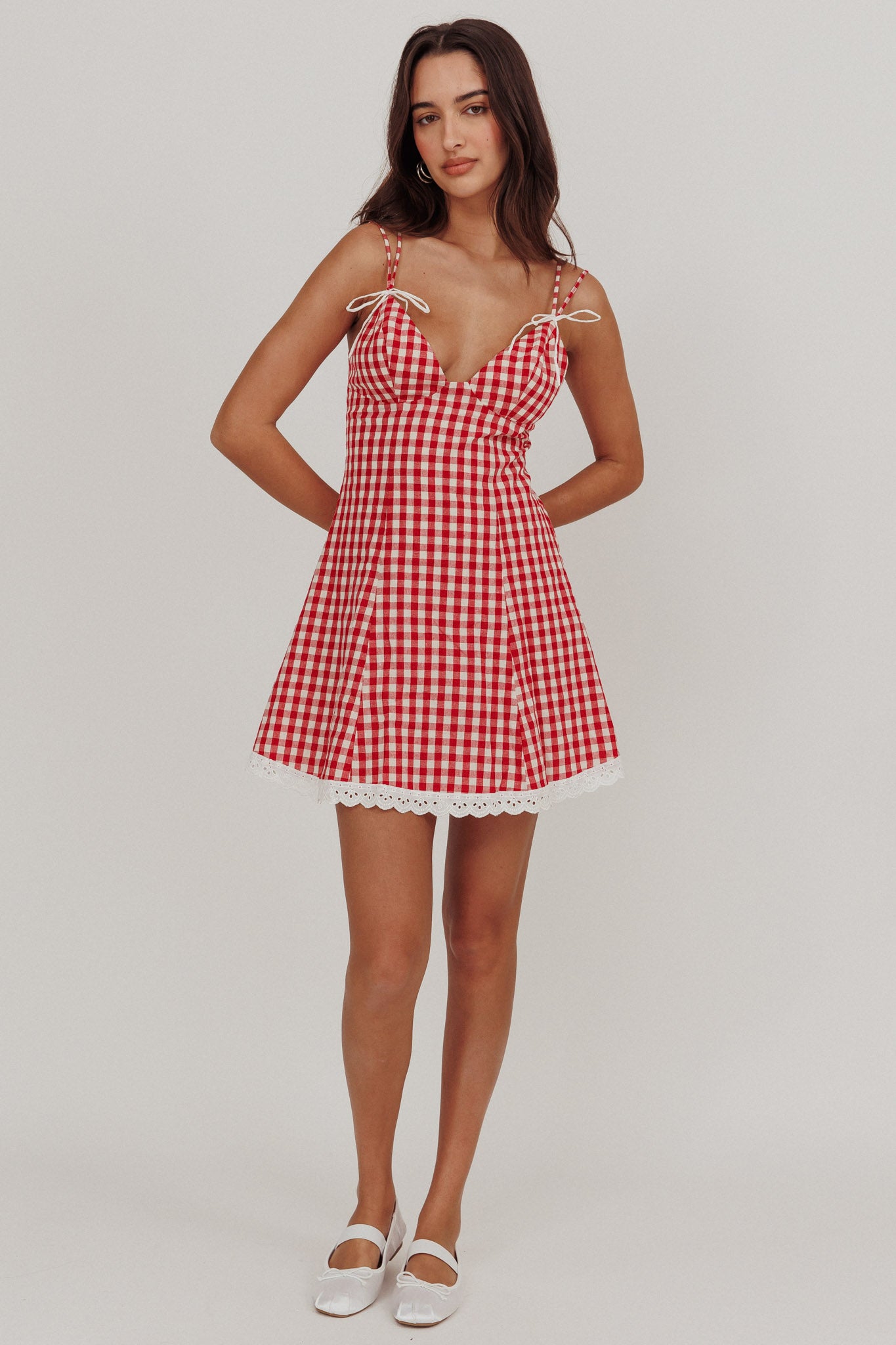 Noelle Lace Trim Mini Dress Gingham Red-Maymioy