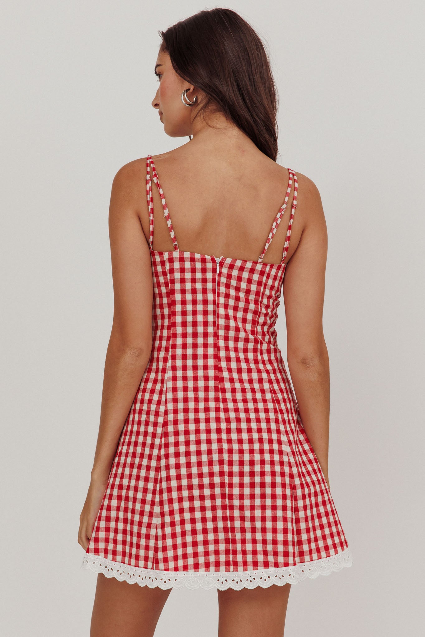 Noelle Lace Trim Mini Dress Gingham Red-Maymioy