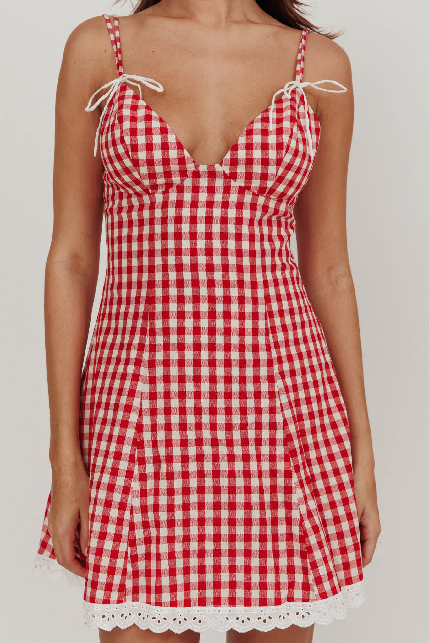 Noelle Lace Trim Mini Dress Gingham Red-Maymioy