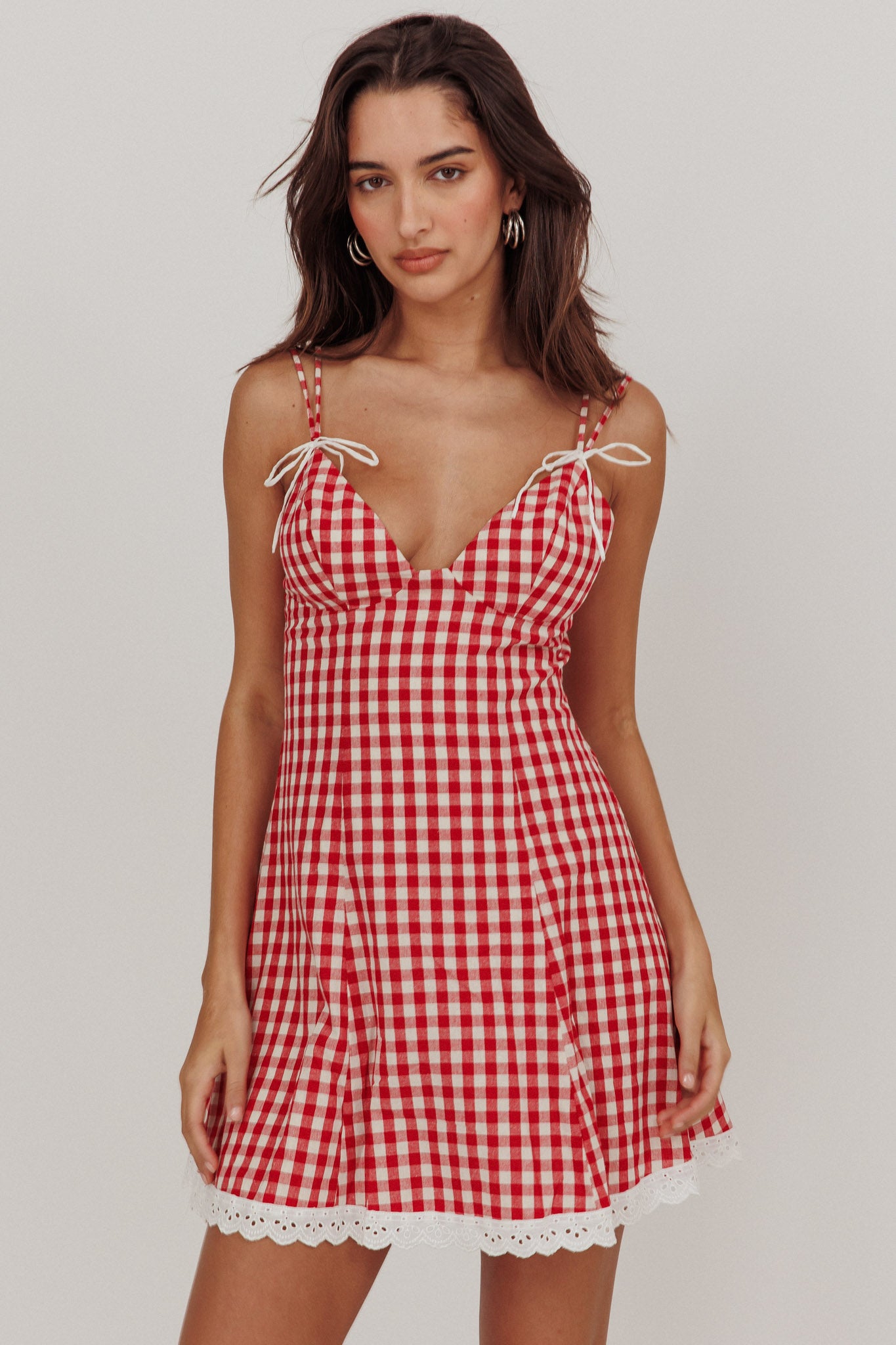 Noelle Lace Trim Mini Dress Gingham Red-Maymioy