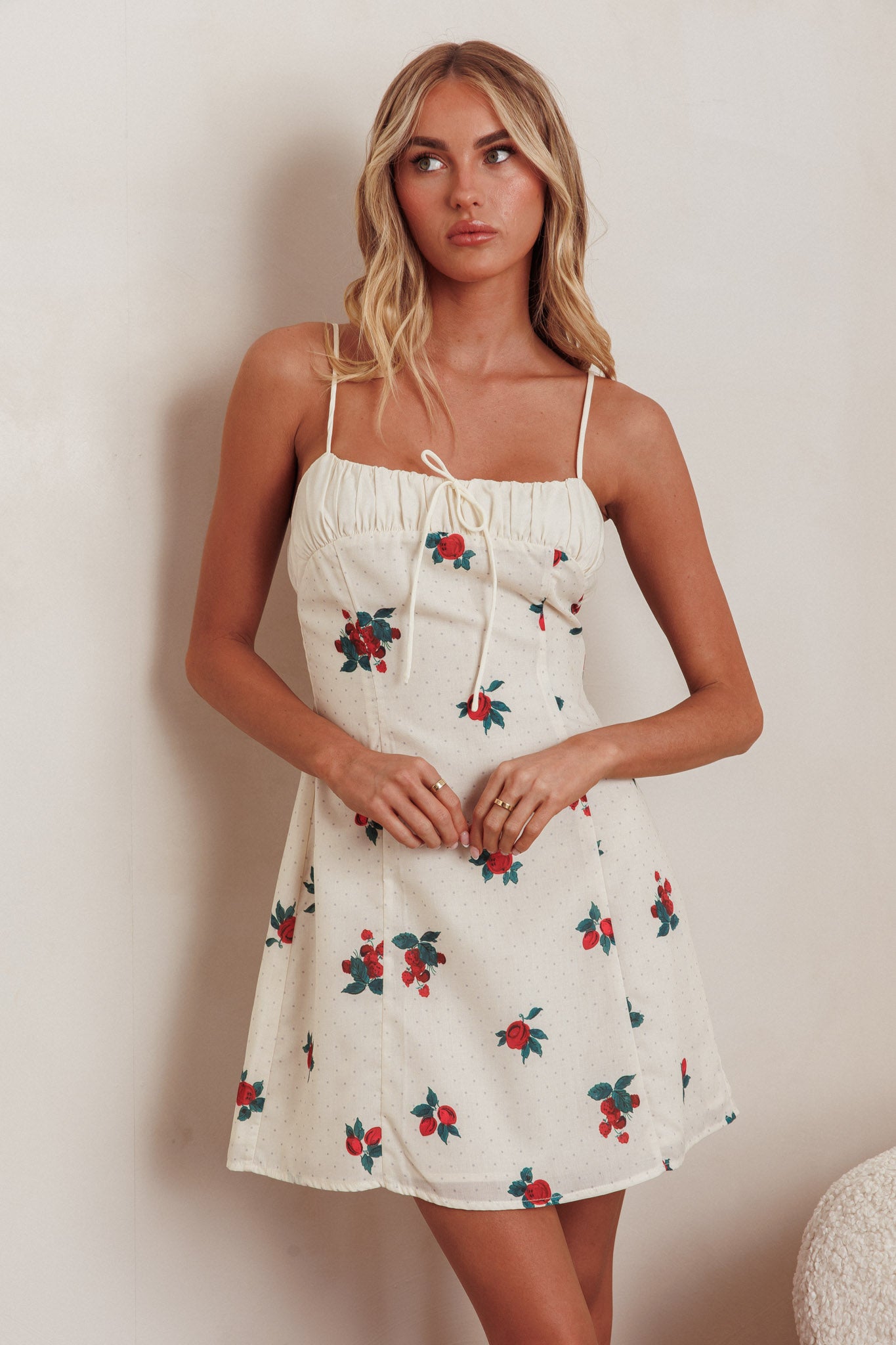 Clara Gathered Bust Mini Dress Rose Beige-Maymioy