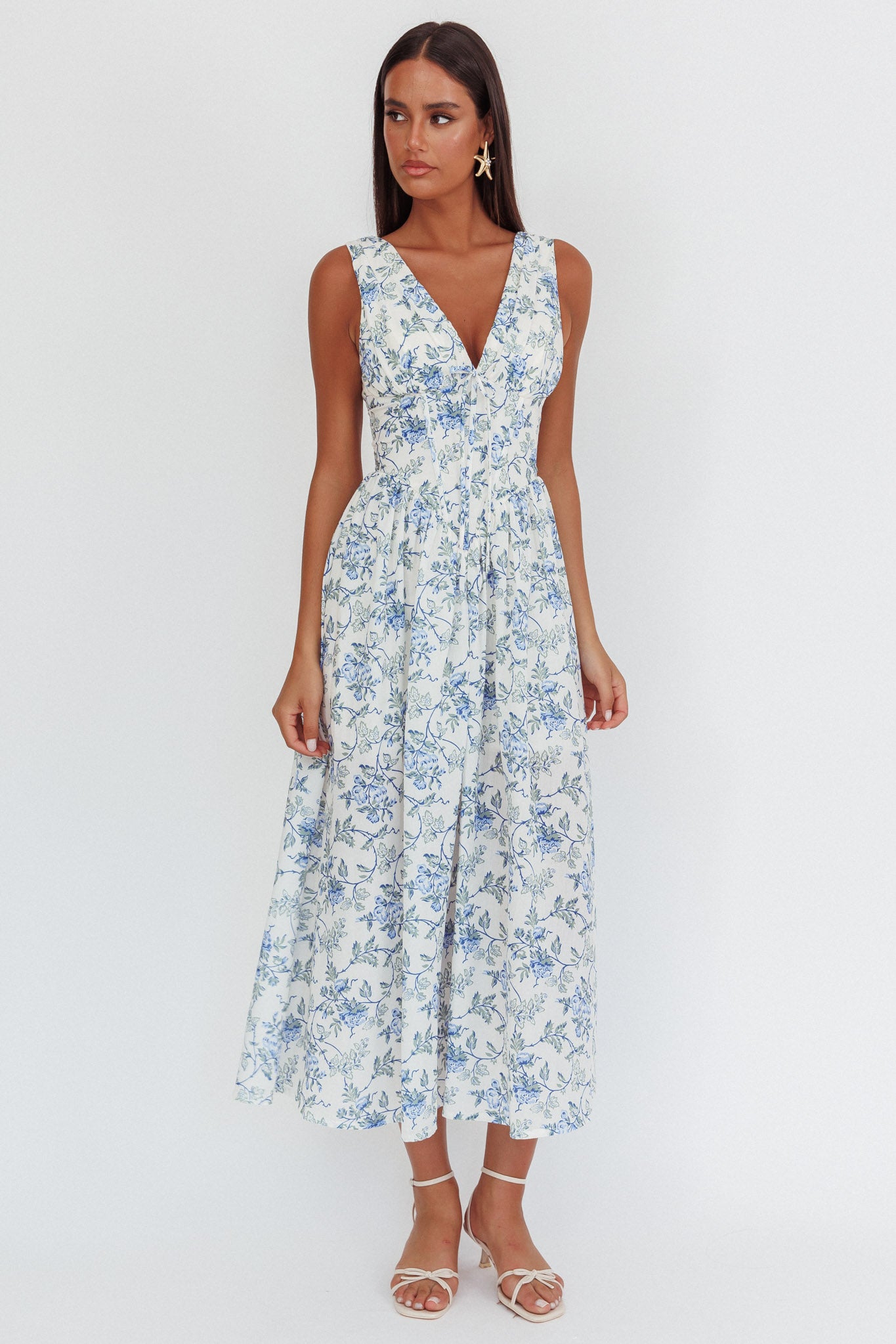 Spring Dawn Basque Waist Maxi Dress Floral Blue-Maymioy