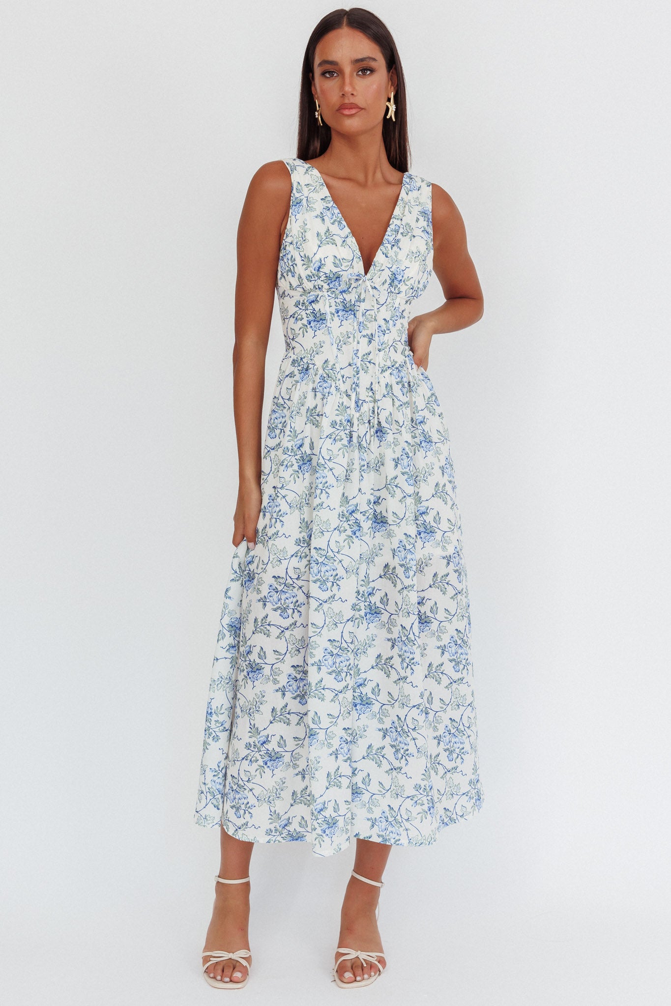 Spring Dawn Basque Waist Maxi Dress Floral Blue-Maymioy