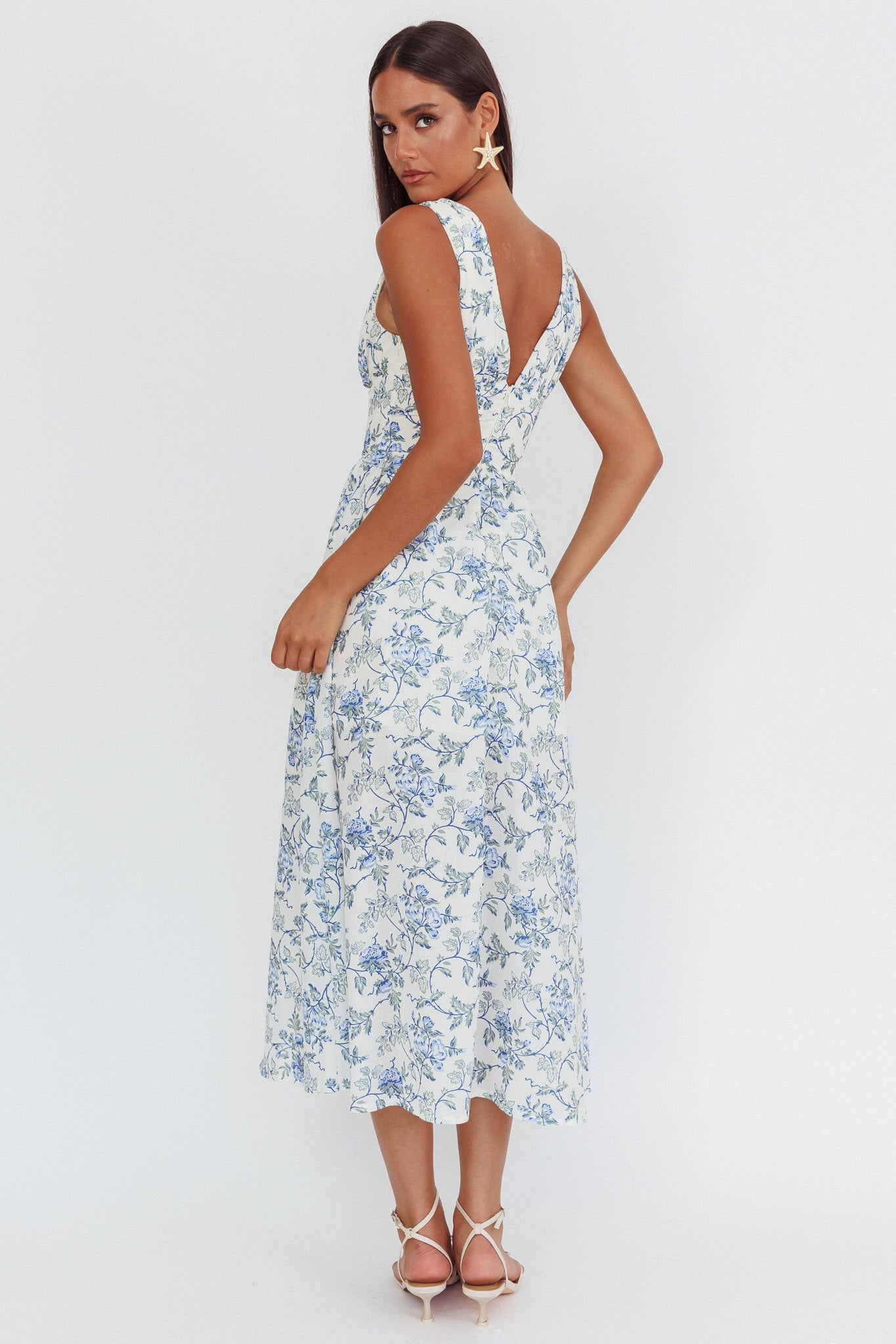 Spring Dawn Basque Waist Maxi Dress Floral Blue-Maymioy