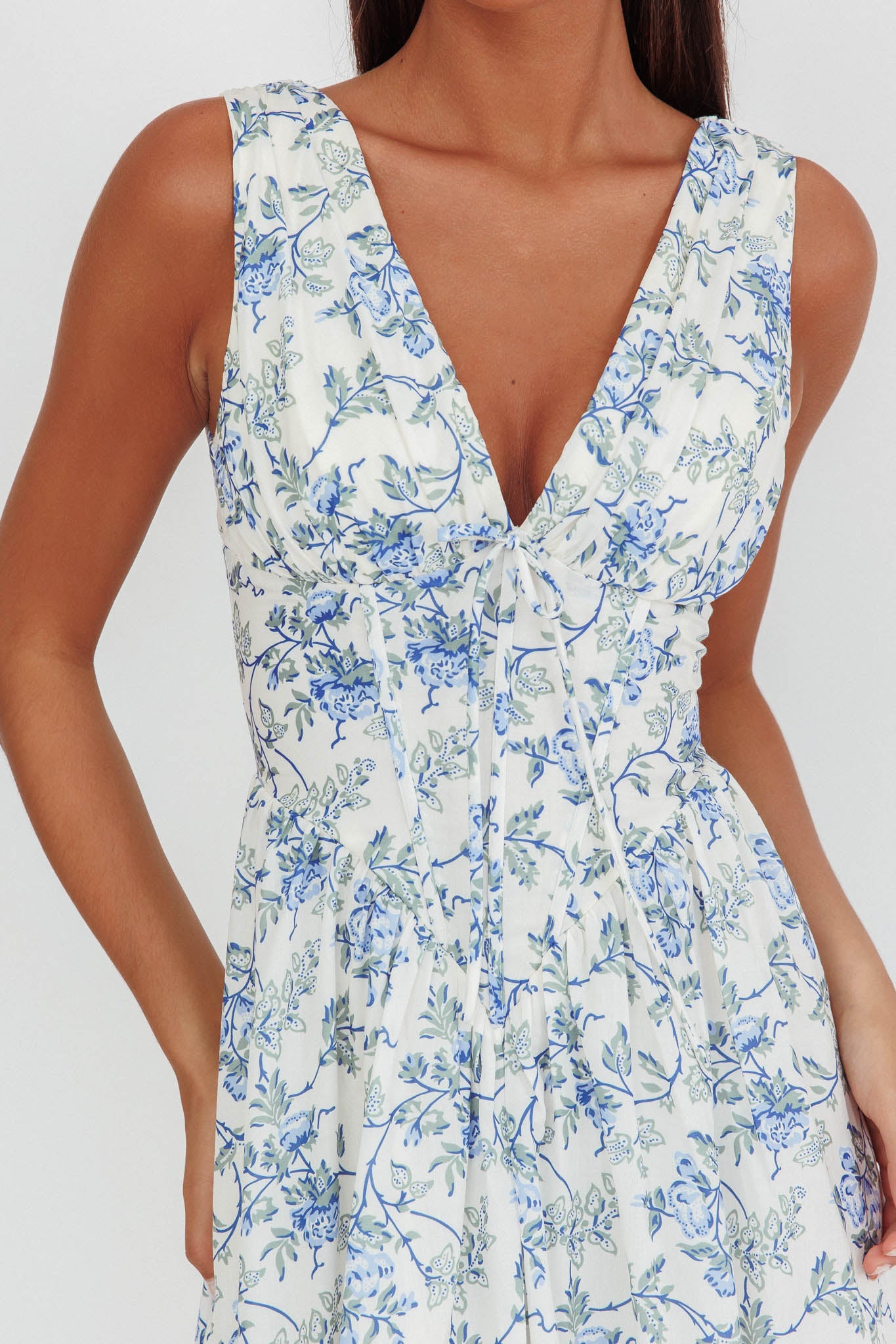 Spring Dawn Basque Waist Maxi Dress Floral Blue-Maymioy