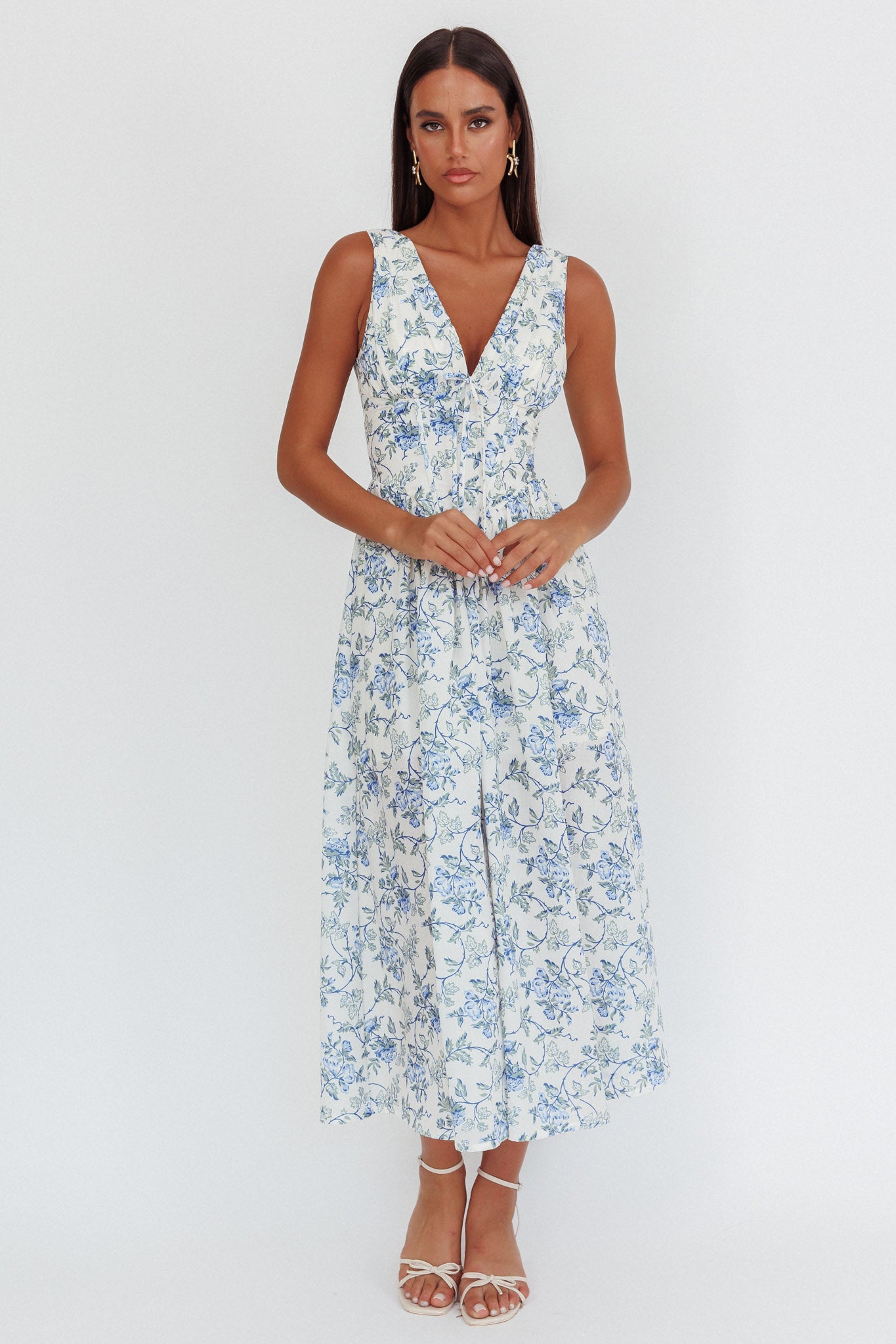 Spring Dawn Basque Waist Maxi Dress Floral Blue-Maymioy